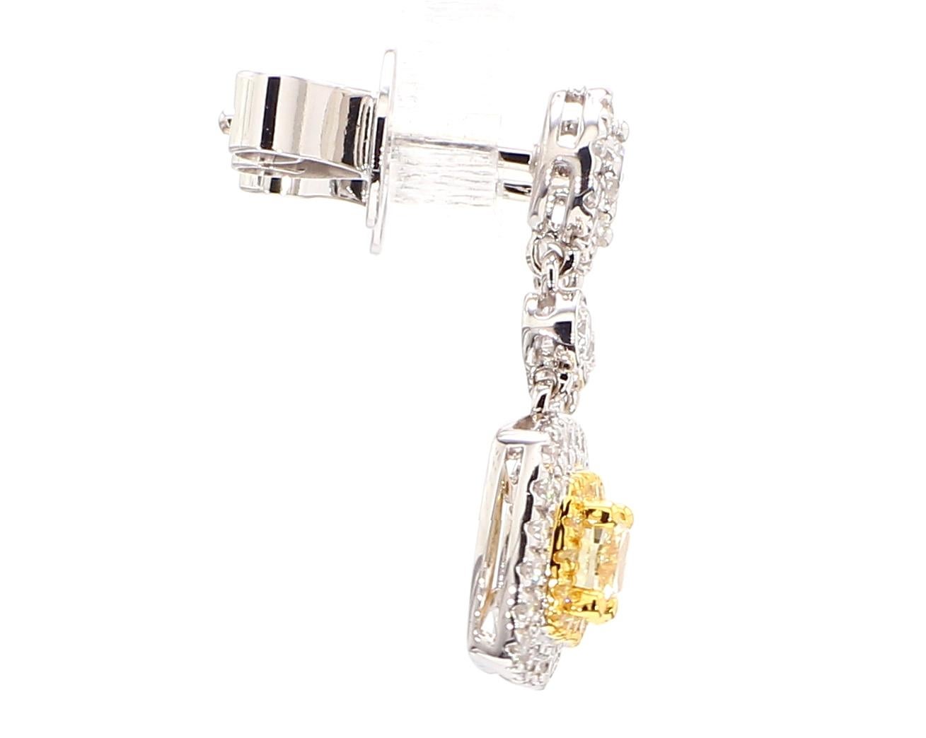 1.36 Carats Total Fancy Yellow Cushion Cut Diamonds Drop Earring 18K White Gold 3