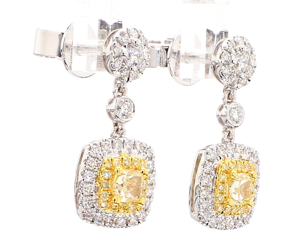 1.36 Carats Total Fancy Yellow Cushion Cut Diamonds Drop Earring 18K White Gold 4