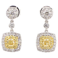 1.36 Carats Total Fancy Yellow Cushion Cut Diamonds Drop Earring 18K White Gold