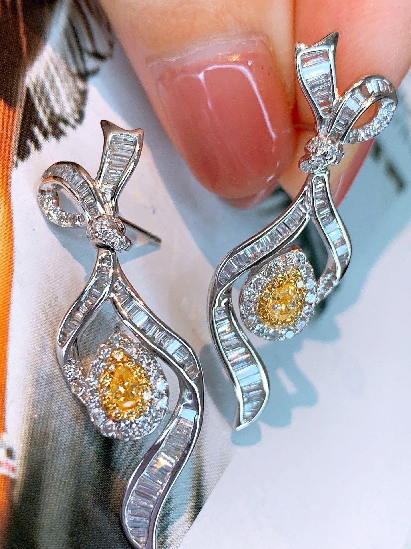 Contemporary Yellow Diamond Earrings 18k White Gold Earring For Sale