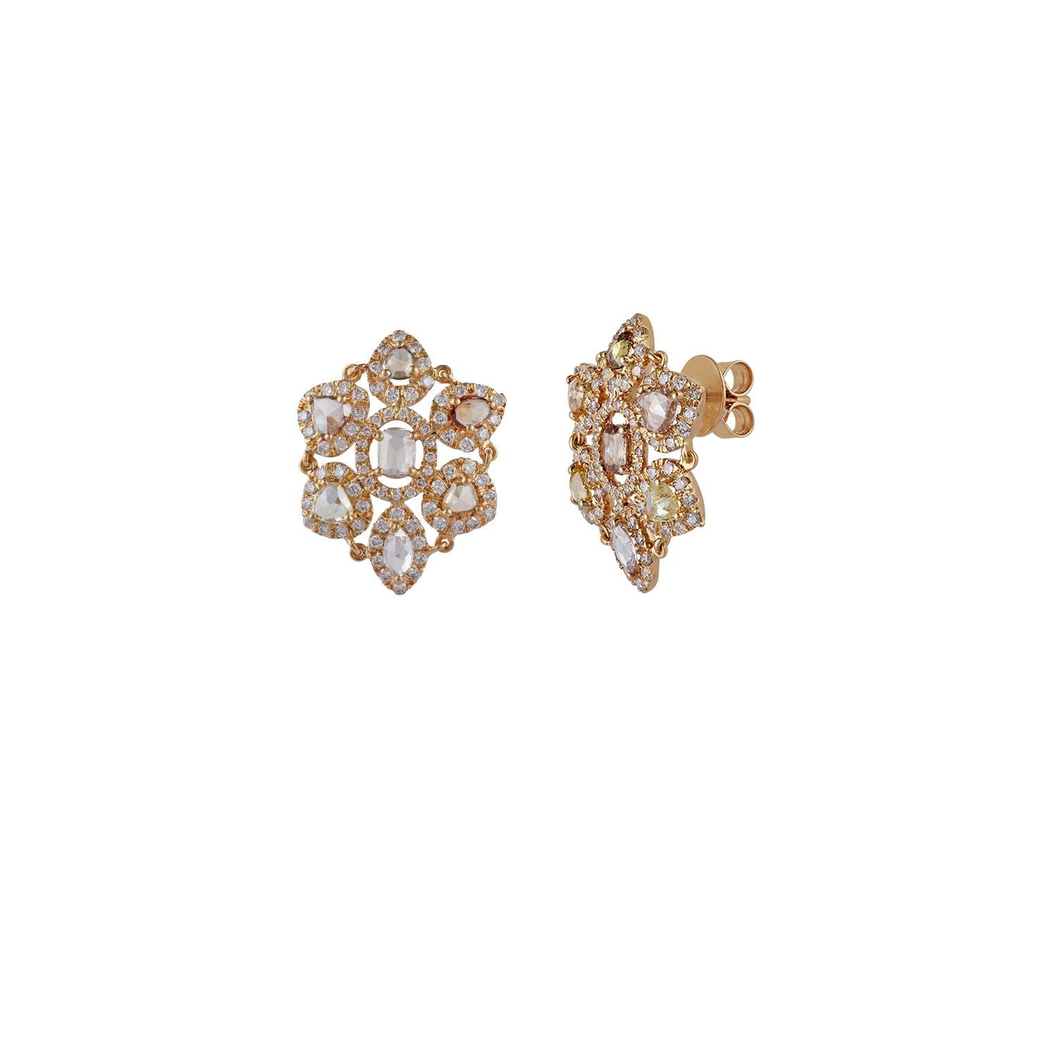 Contemporary Yellow Diamond Earrings Studded in 18 Karat Yellow Gold For Sale