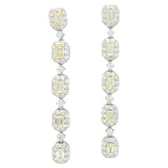 Yellow Diamond Emerald Cut and White Diamond Dangle Earrings in White Gold