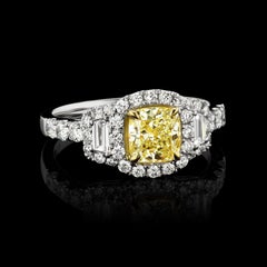 Cushion Natural Fancy Yellow Diamond Engagement Ring in 18 Karat Two-Tone