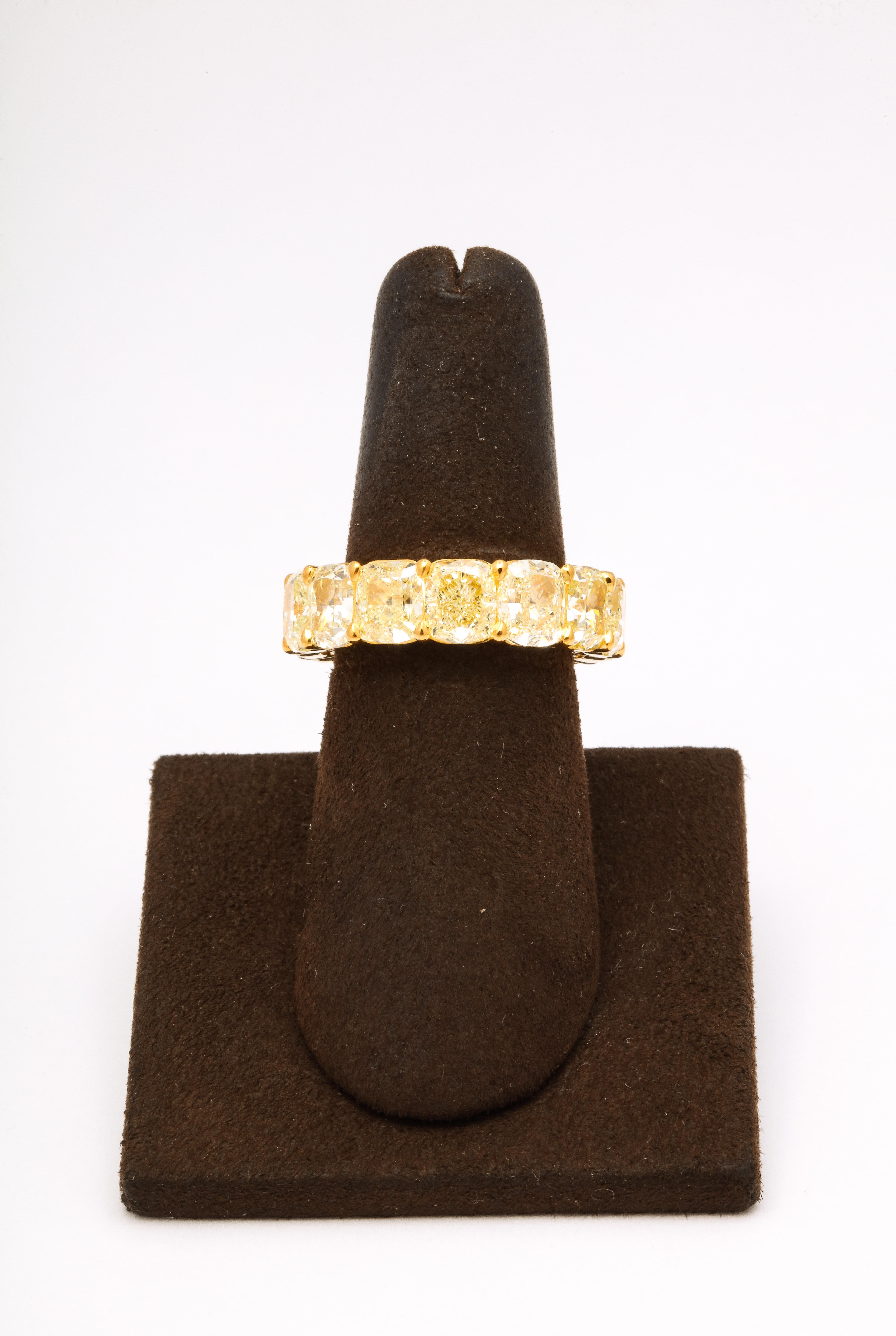 
An important Fancy Yellow Diamond Eternity Band. 

14.52 carats of cushion cut VS+ clarity diamonds set in a custom made 18k yellow gold band. 14 total diamonds — each stone is over 1 carat! 

Size 6.5

