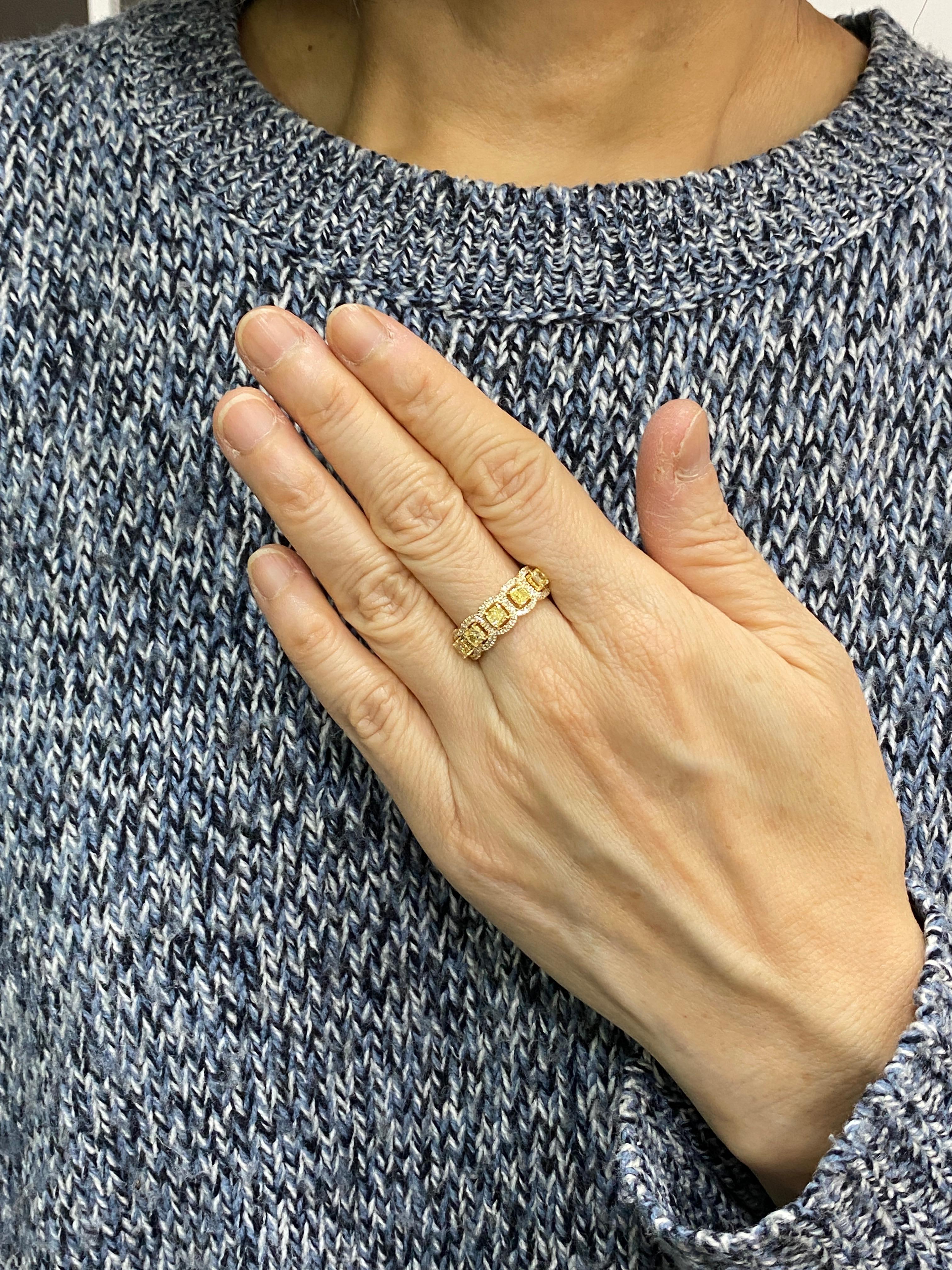 Cushion Cut Yellow Diamond Eternity Ring 18 Karat Yellow Gold For Sale