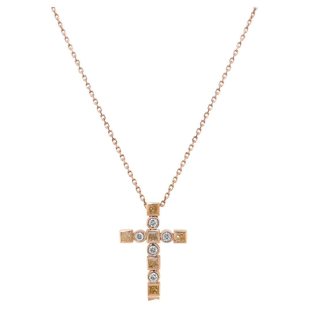 Yellow Diamond & Fancy Diamond 18K Rose Gold Pave Cross Pendant Necklace For Sale