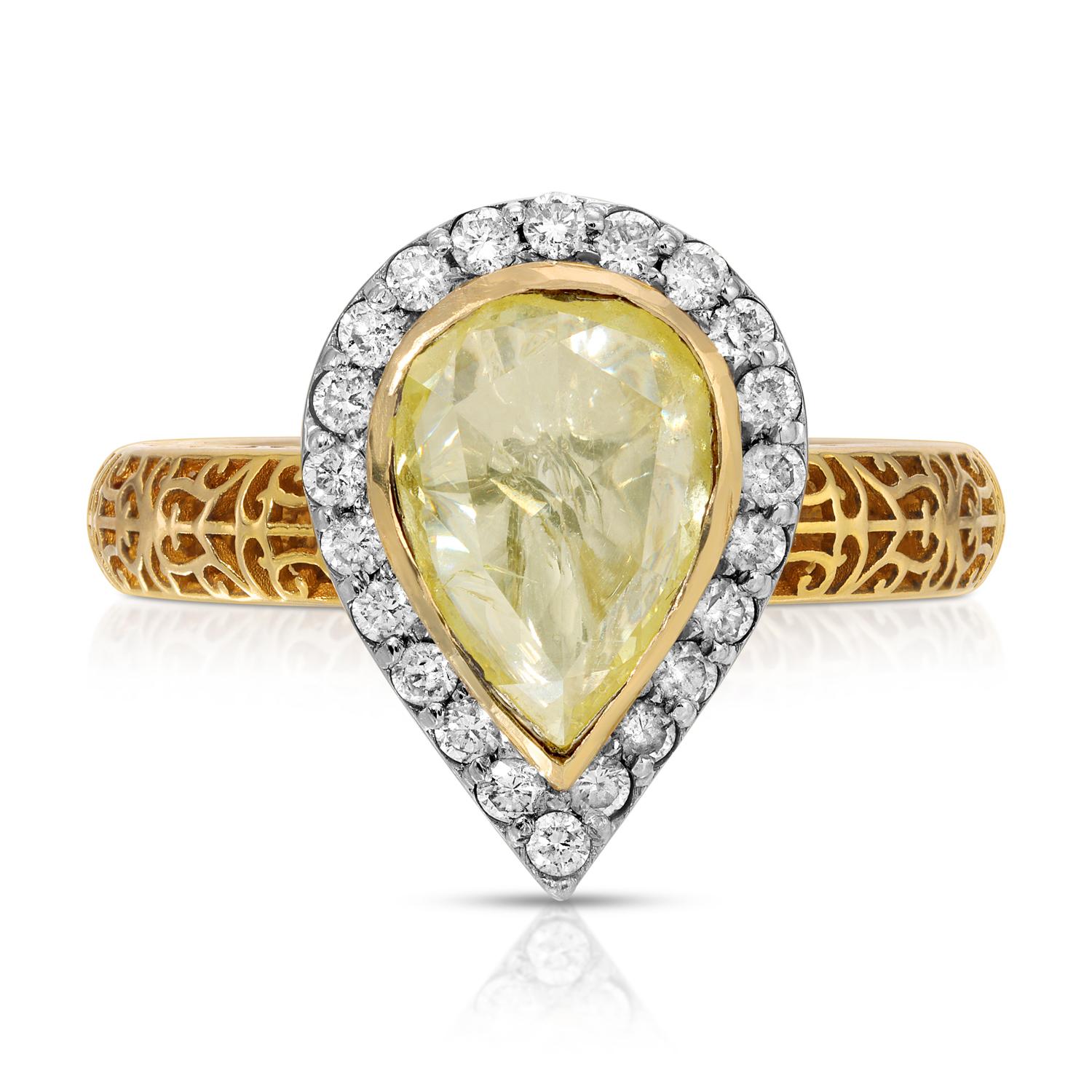 Pear Cut Yellow Diamond Filigree Dress Ring For Sale