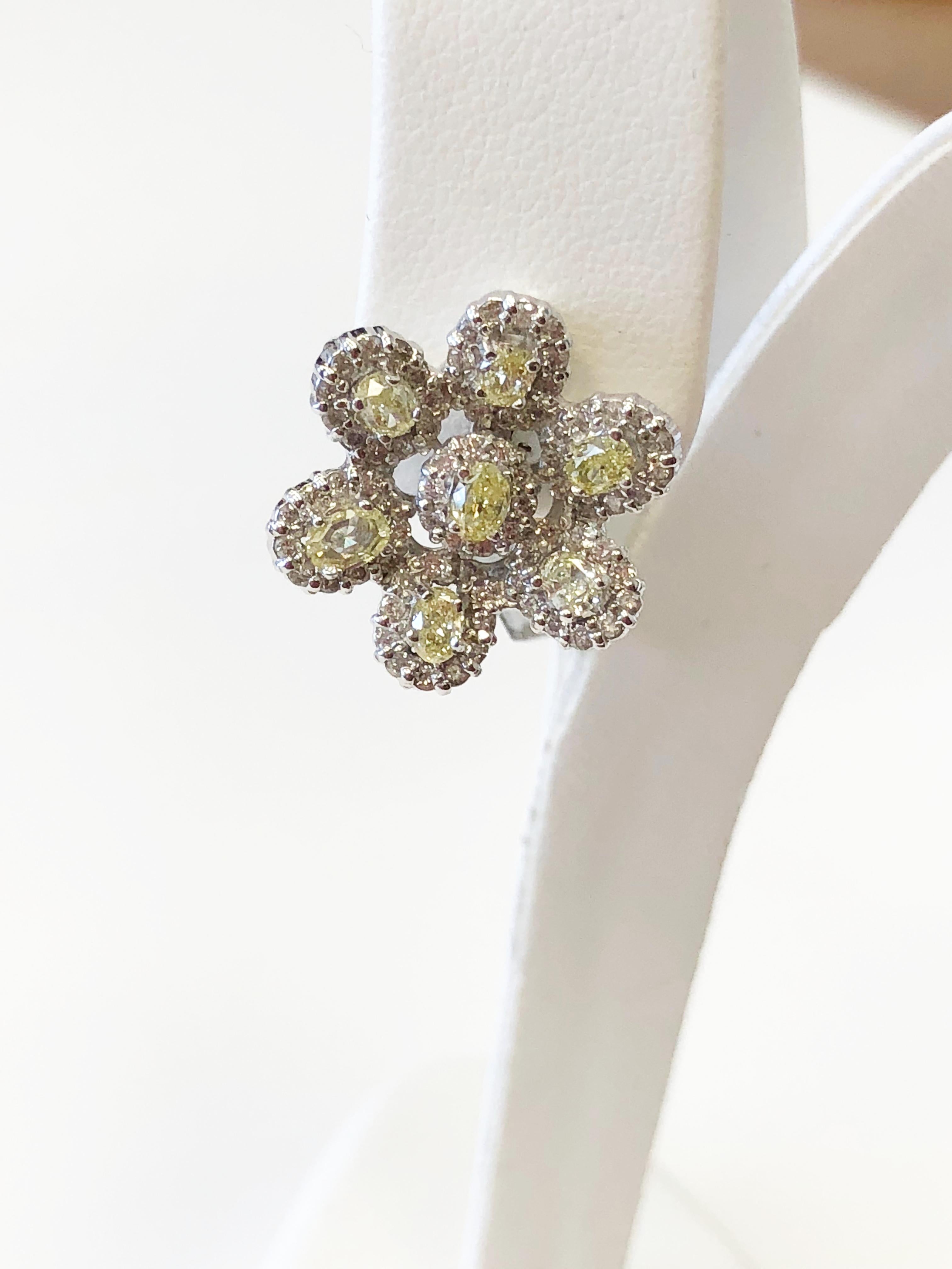 Oval Cut Yellow Diamond Floral Earrings in 18 Karat White Gold