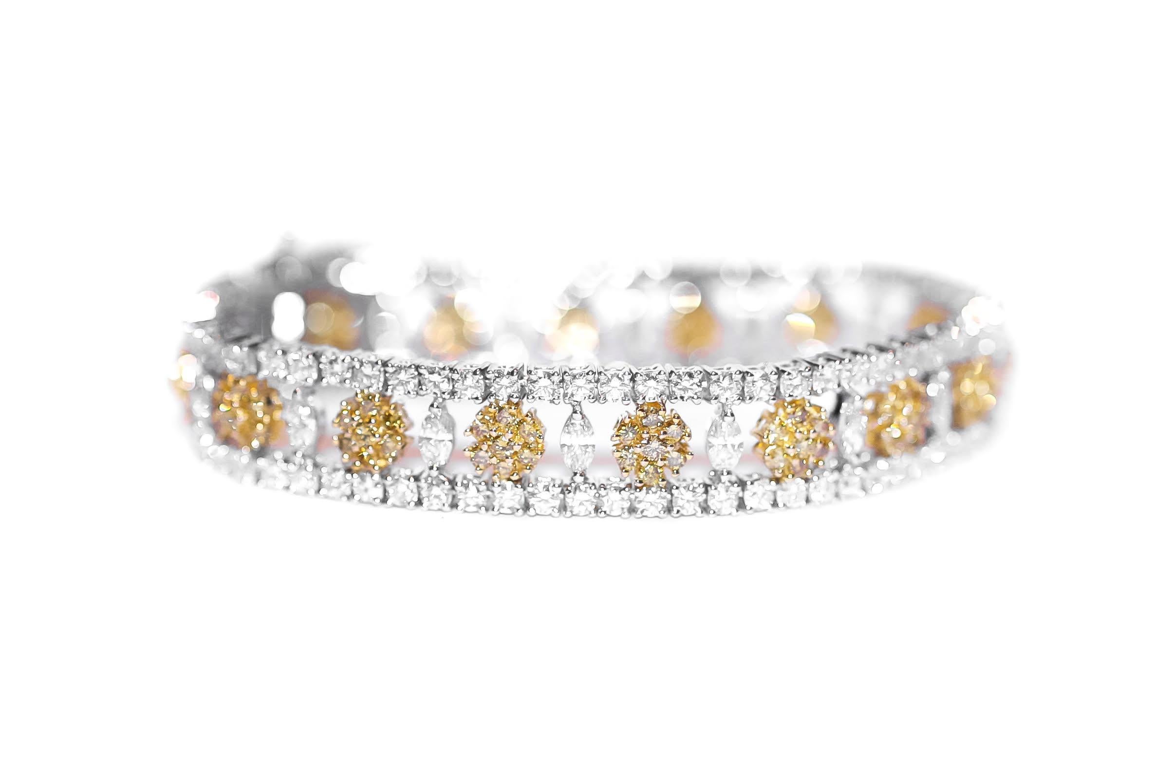 Handmade Platinum & 18K Yellow Gold Diamond Bracelet with Natural Fancy Vivid Yellow Tw. 3.80 carats & White Collection Diamonds TW. 11.34 carats, 7 inch, 35.95g