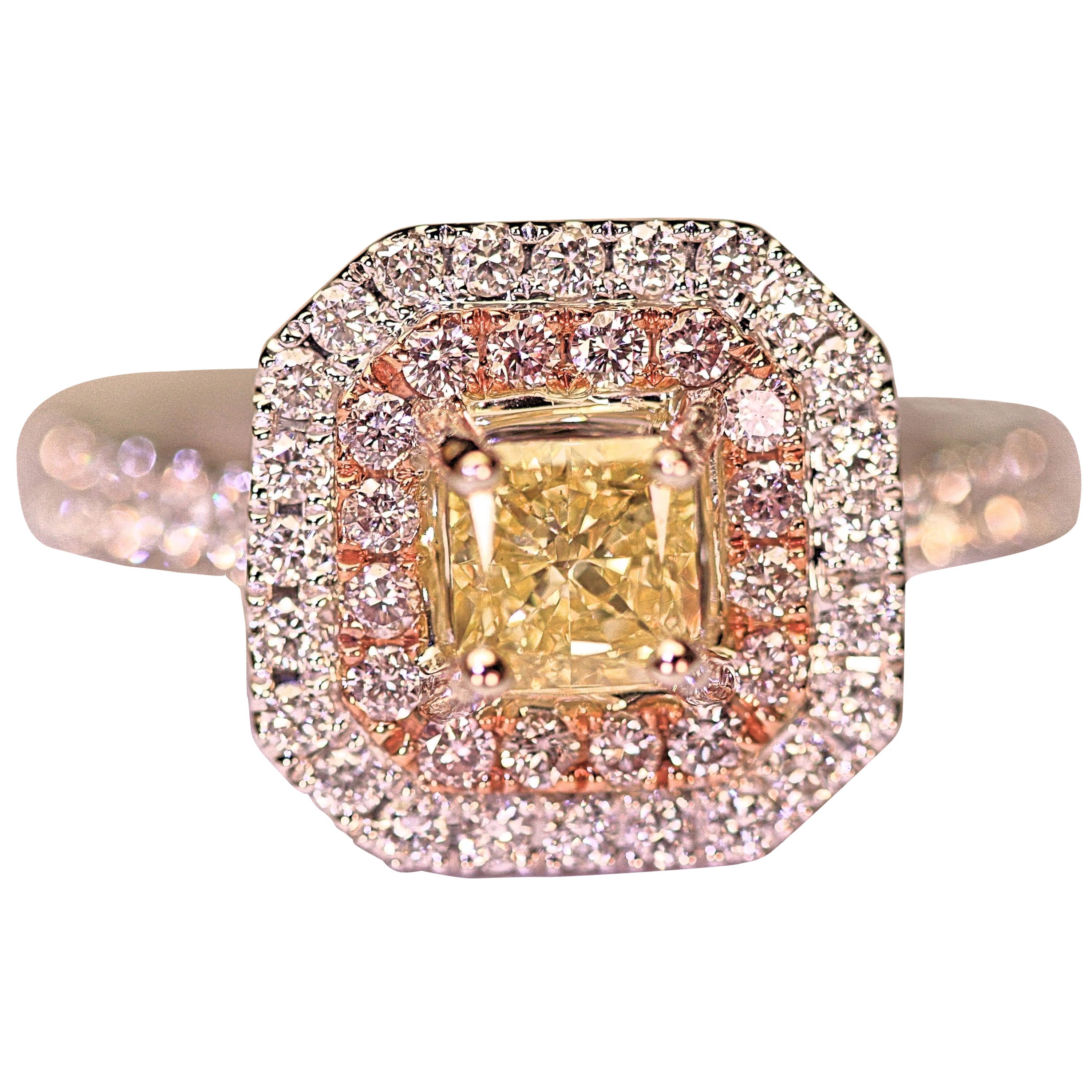 Yellow Diamond GIA Natural Fancy Intense, Pink Diamond and White Diamond Ring For Sale