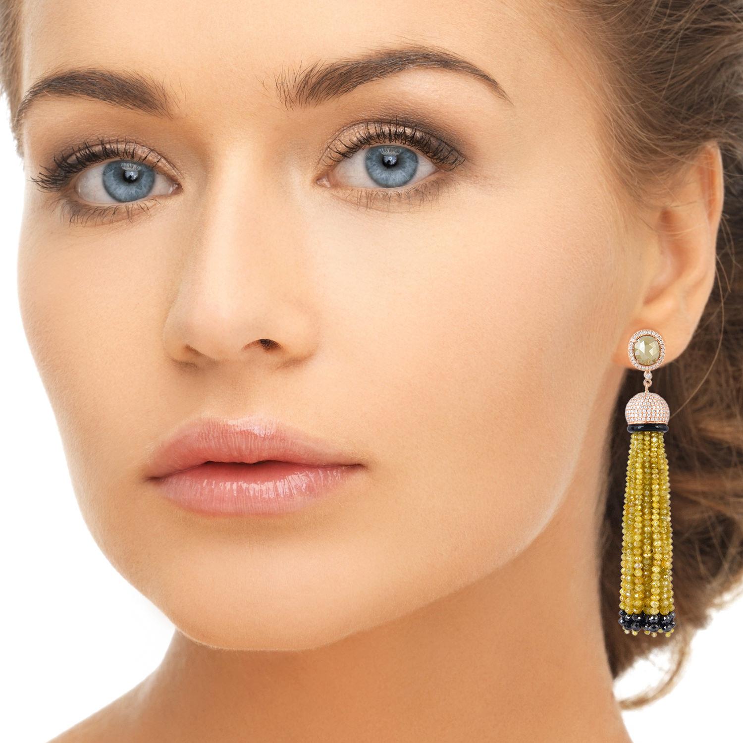 Gorgeous looking yellow and black diamond tassel earring with diamond pave dome and ice diamond stud on top is truly an eccentric piece. 

Closure: Push Post

18k: 11.884gms
Diamond: 98.49ct
Black Onyx: 2.15ct