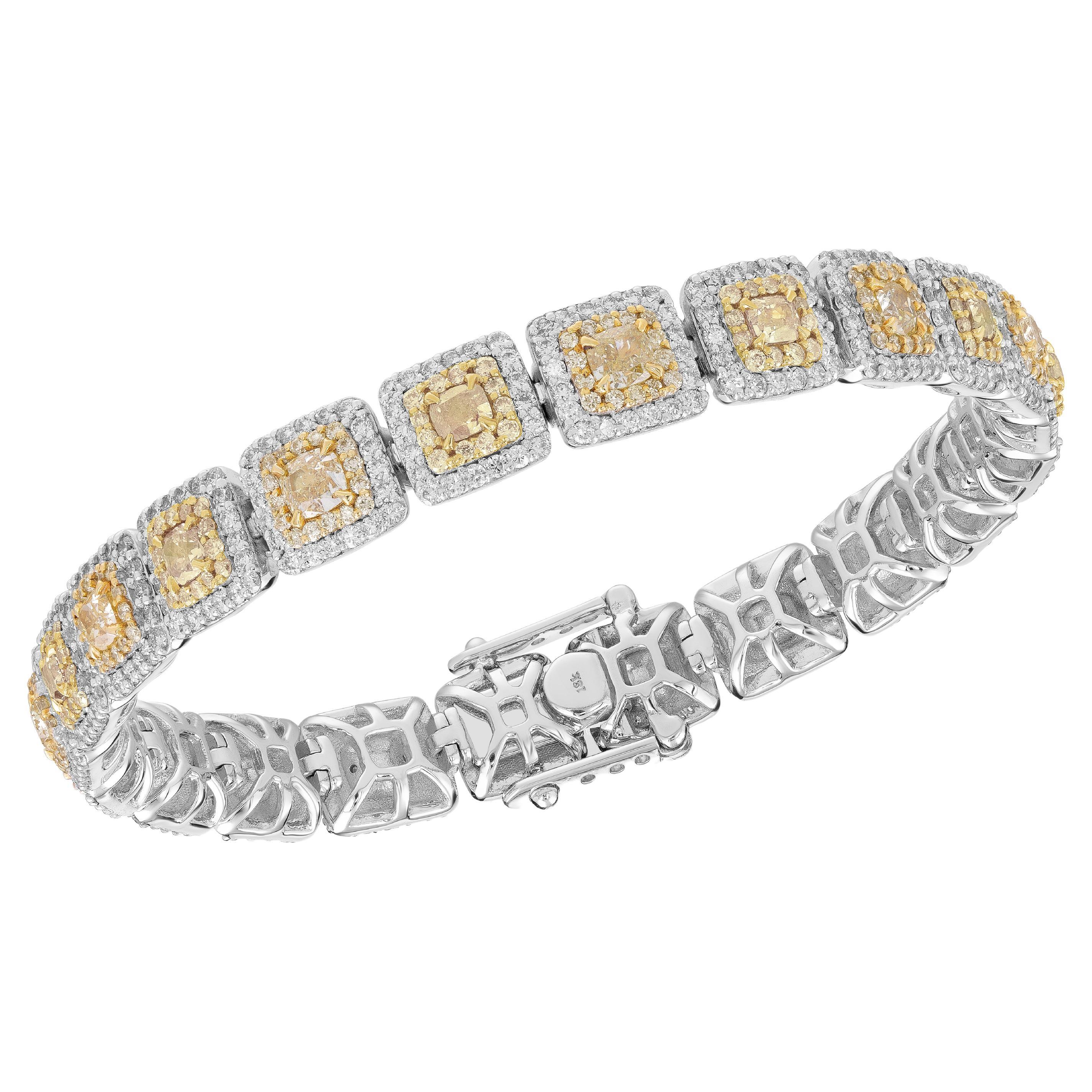 Yellow Diamond Halo Tennis Bracelet Mounted in 14k Gold For Sale
