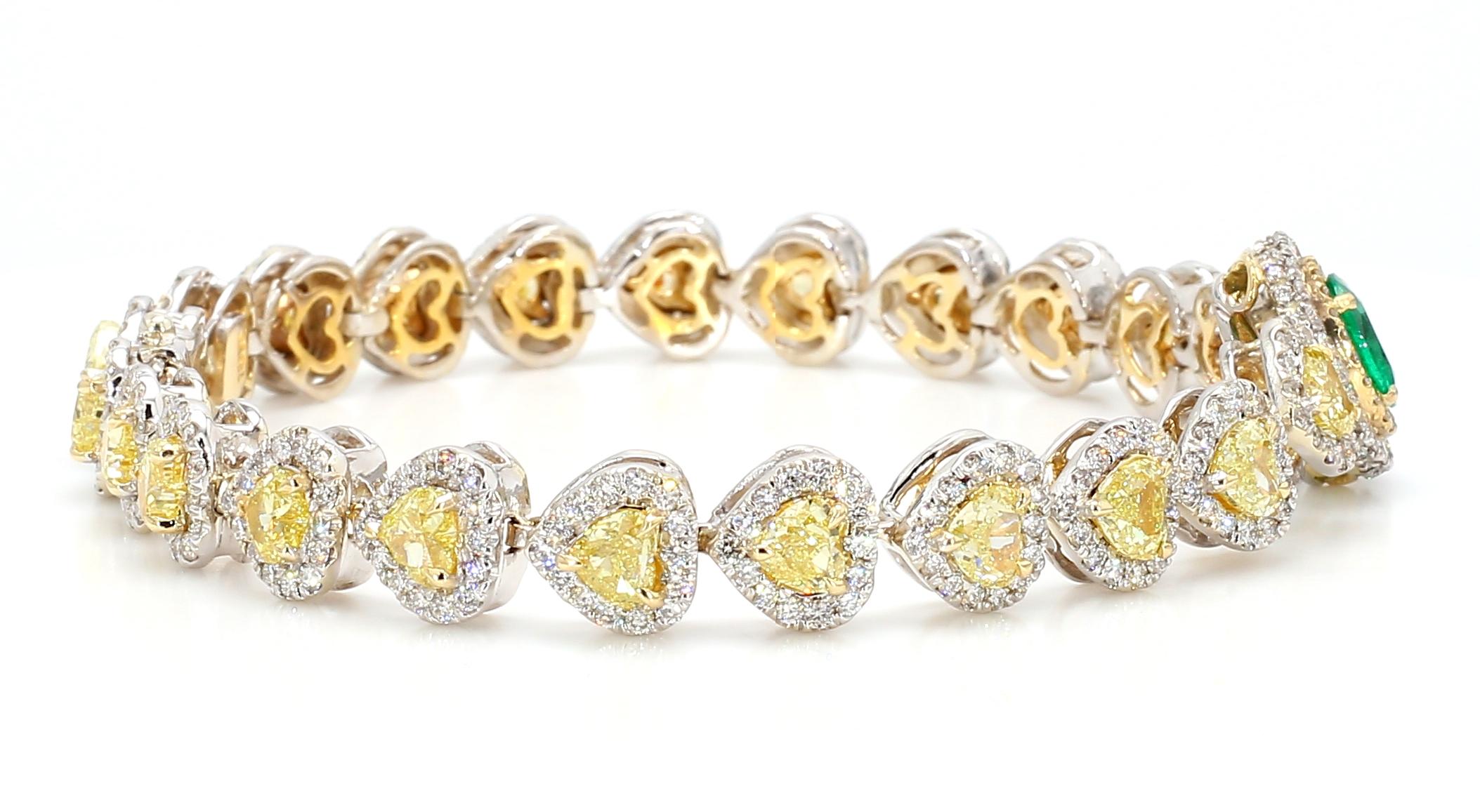Heart Cut Yellow Diamond Heart Shape Bracelet with Colombian Emerald Center GIA Certified For Sale