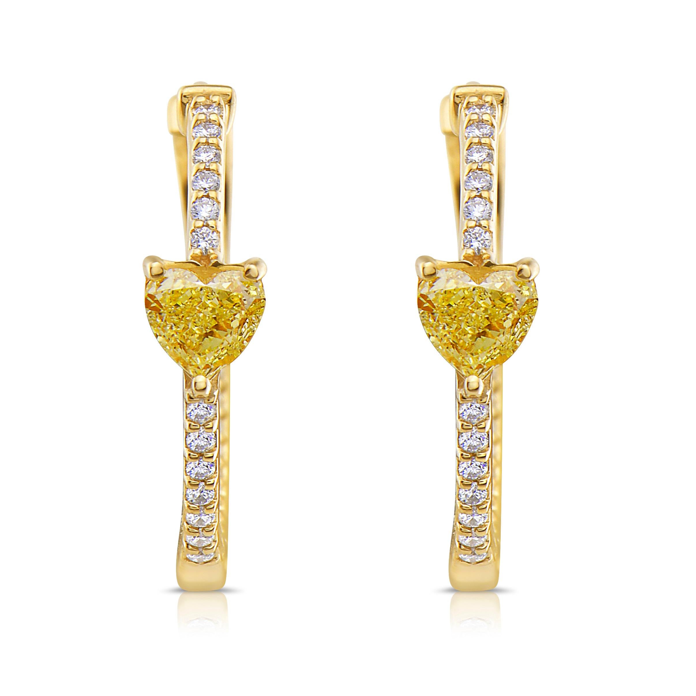 Yellow Diamond Heart Shape Huggie Earrings In New Condition For Sale In New York, NY