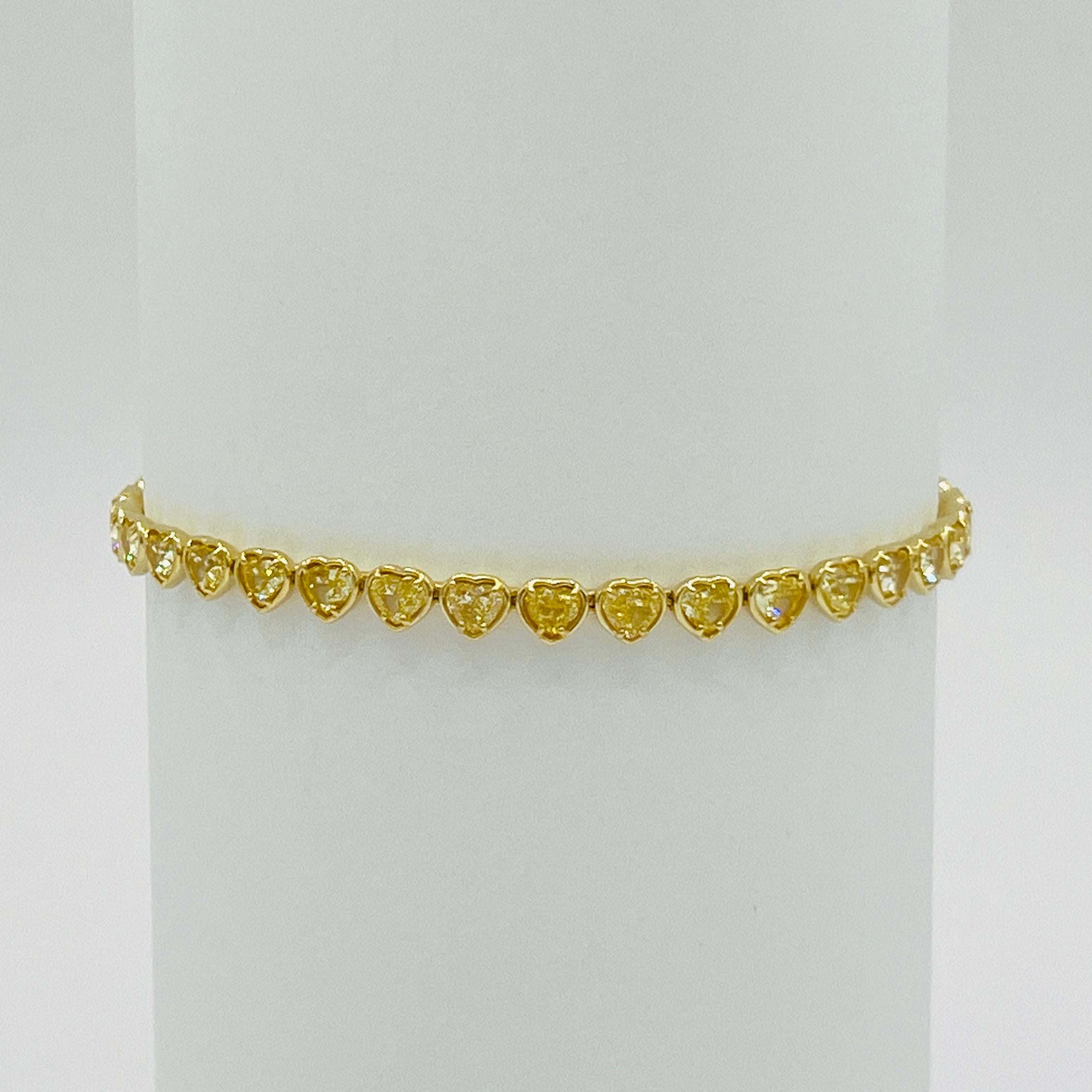 Women's or Men's Yellow Diamond Heart Shape Tennis Bracelet in 18K Yellow Gold