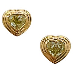 Yellow Diamond Heart Stud Earrings Double Bezel with Ridges in 18K Yellow Gold