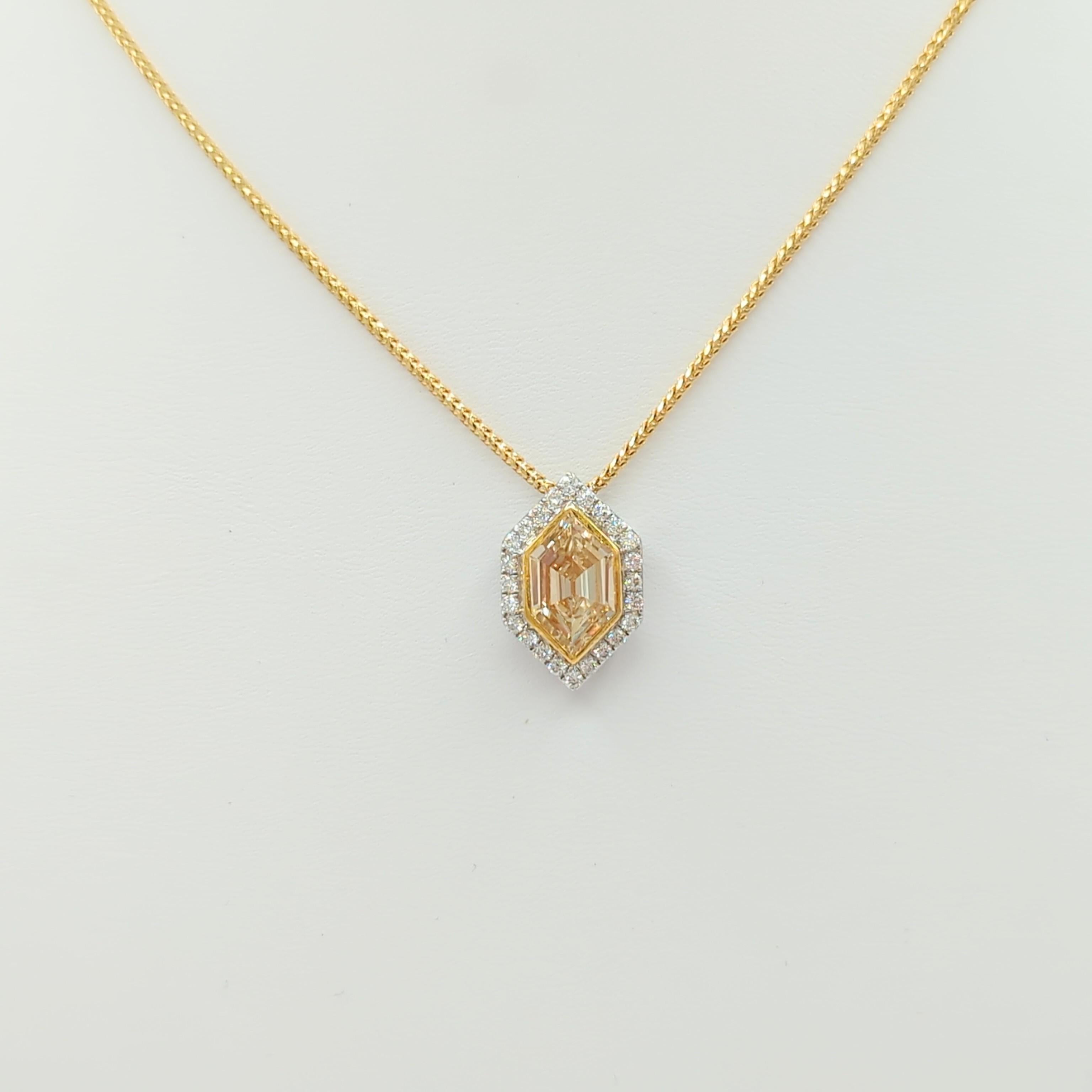 Women's or Men's Yellow Diamond Lozenge and White Diamond Pendant Necklace in 14K 2 Tone Gold For Sale