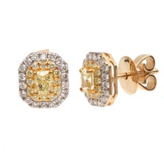 Yellow Diamond & Natural Diamond Halo Stud Earrings in 18K Yellow Gold