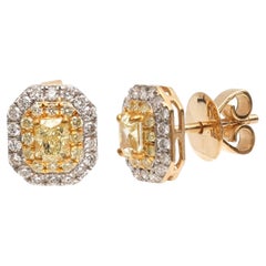 Yellow Diamond & Natural Diamond Halo Stud Earrings in 18K Yellow Gold