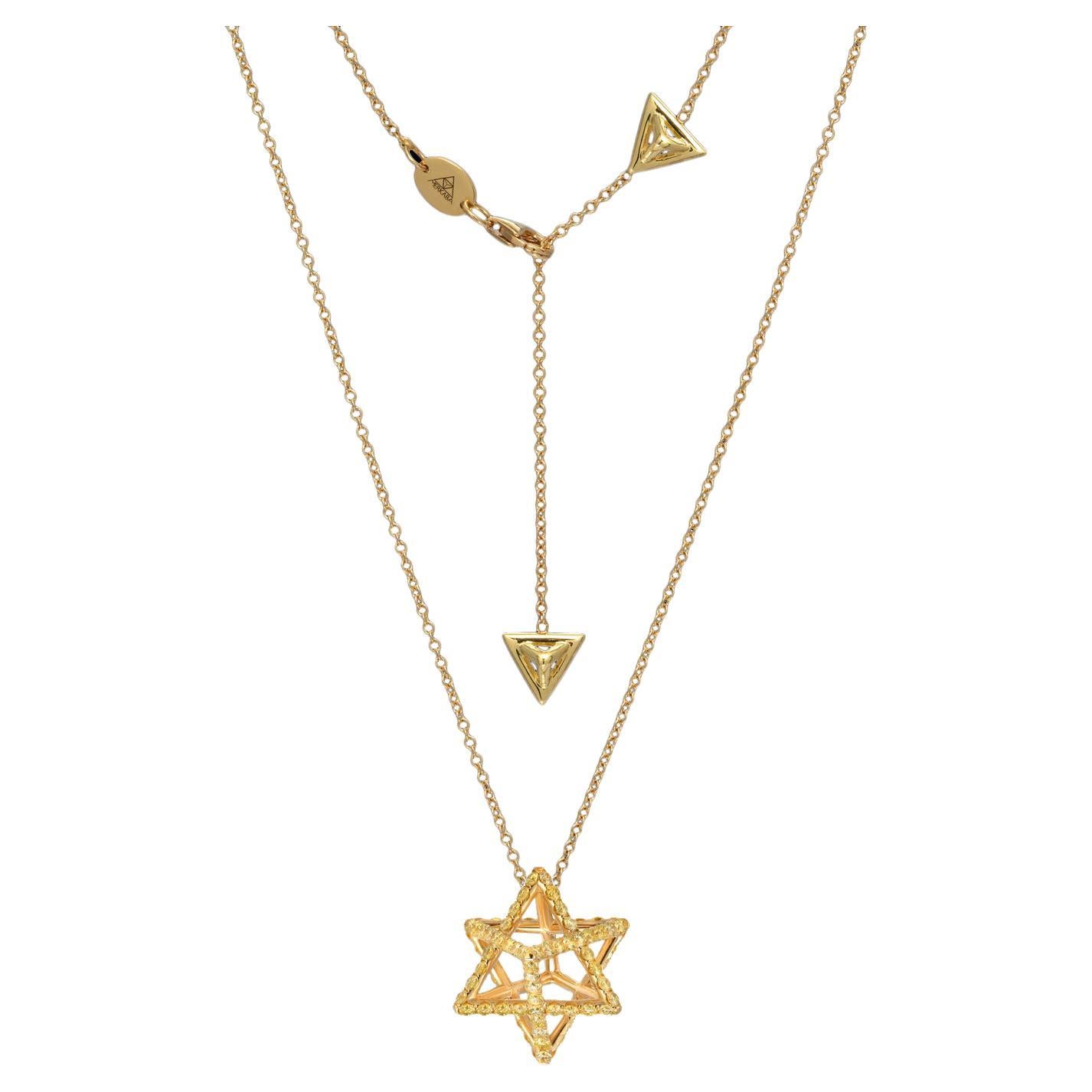 Merkaba Tetrahedron 18k yellow gold pendant necklace, featuring a total of approximately 1.28 carats of round brilliant fancy yellow diamonds. This geometric jewelry piece, suspends elegantly at the chest, measuring 0.68
