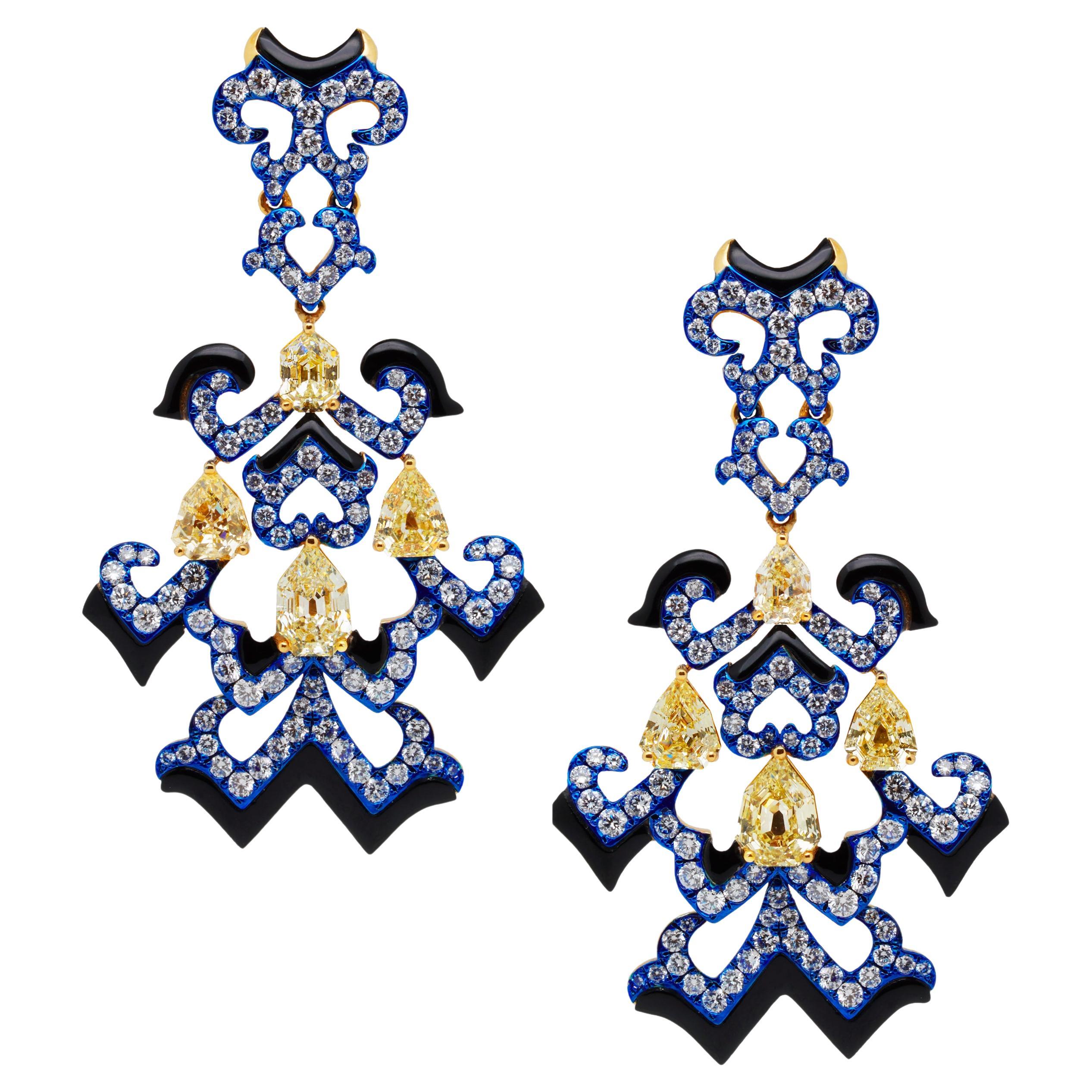 Yellow Diamond, Onyx & White Diamond Earrings, 18K Gold, Austy Lee