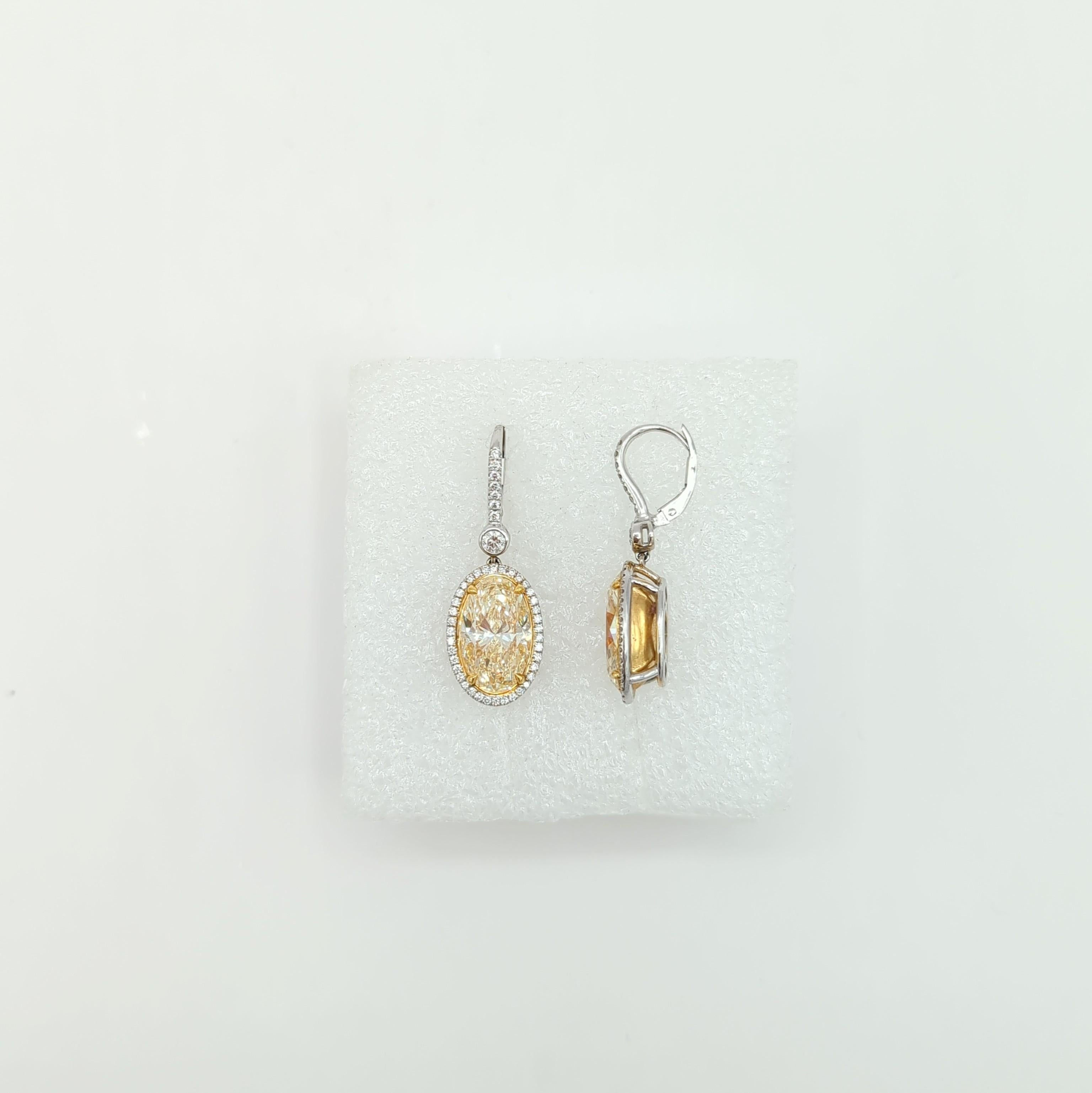 Yellow Diamond Oval Dangle Earrings in 18K 2 Tone Gold For Sale 2
