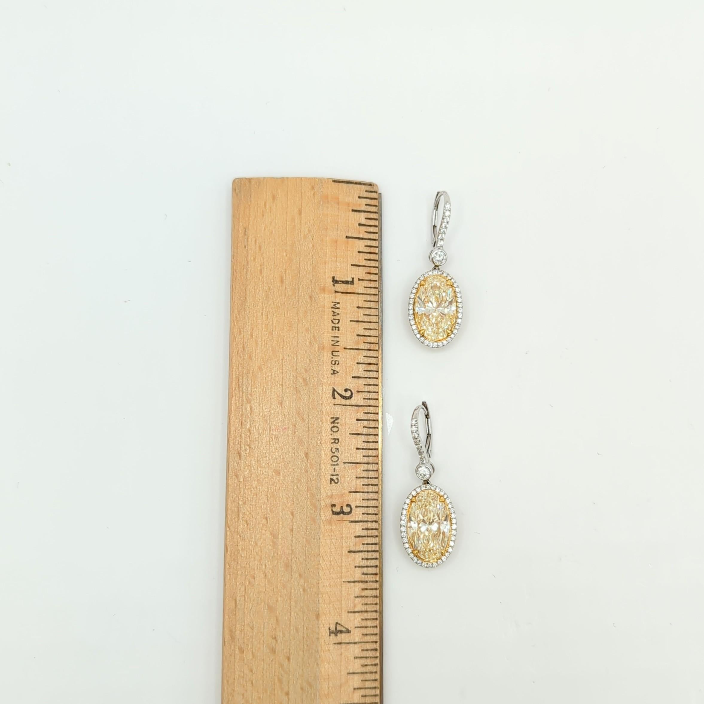 Yellow Diamond Oval Dangle Earrings in 18K 2 Tone Gold For Sale 3
