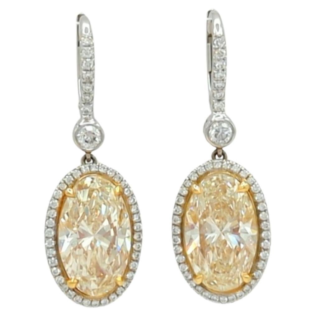 Yellow Diamond Oval Dangle Earrings in 18K 2 Tone Gold For Sale