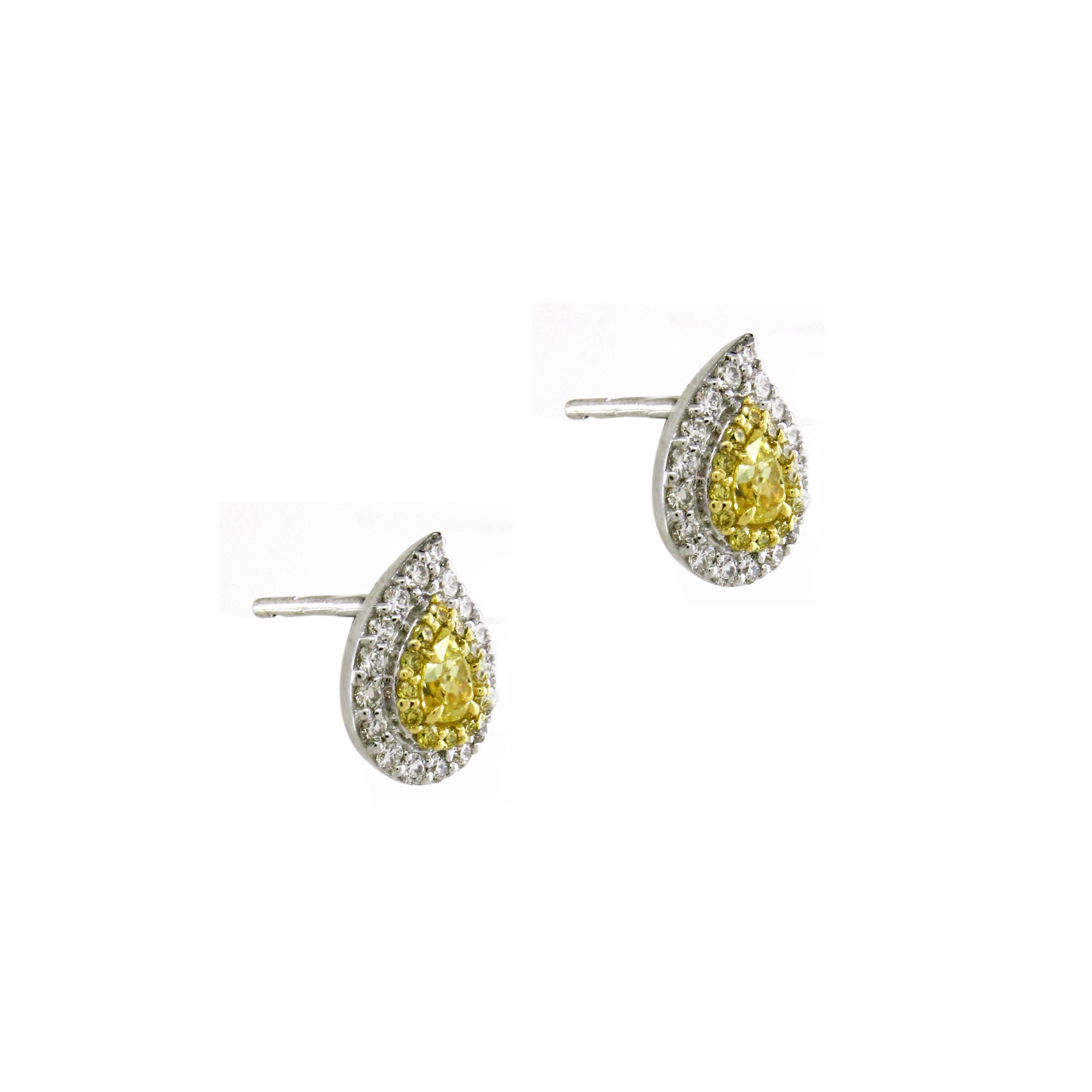 Each earring boasts a central pear-shaped yellow diamond, with a combined weight of 0.35 carats. 
Surrounding each pear yellow diamond is a dazzling halo of 24 round yellow diamonds, totaling 0.14 carats. The outer halo comprises 34 round white