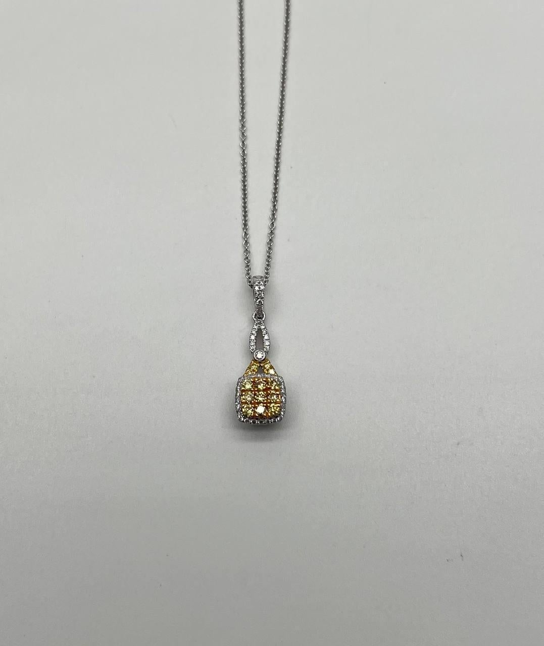 Questa elegante collana con ciondolo presenta un brillante diamante giallo, intricatamente incastonato in un'aureola di scintillanti diamanti bianchi. Il ciondolo è sospeso a una delicata catena che aggiunge un tocco di raffinatezza. Il ciondolo
