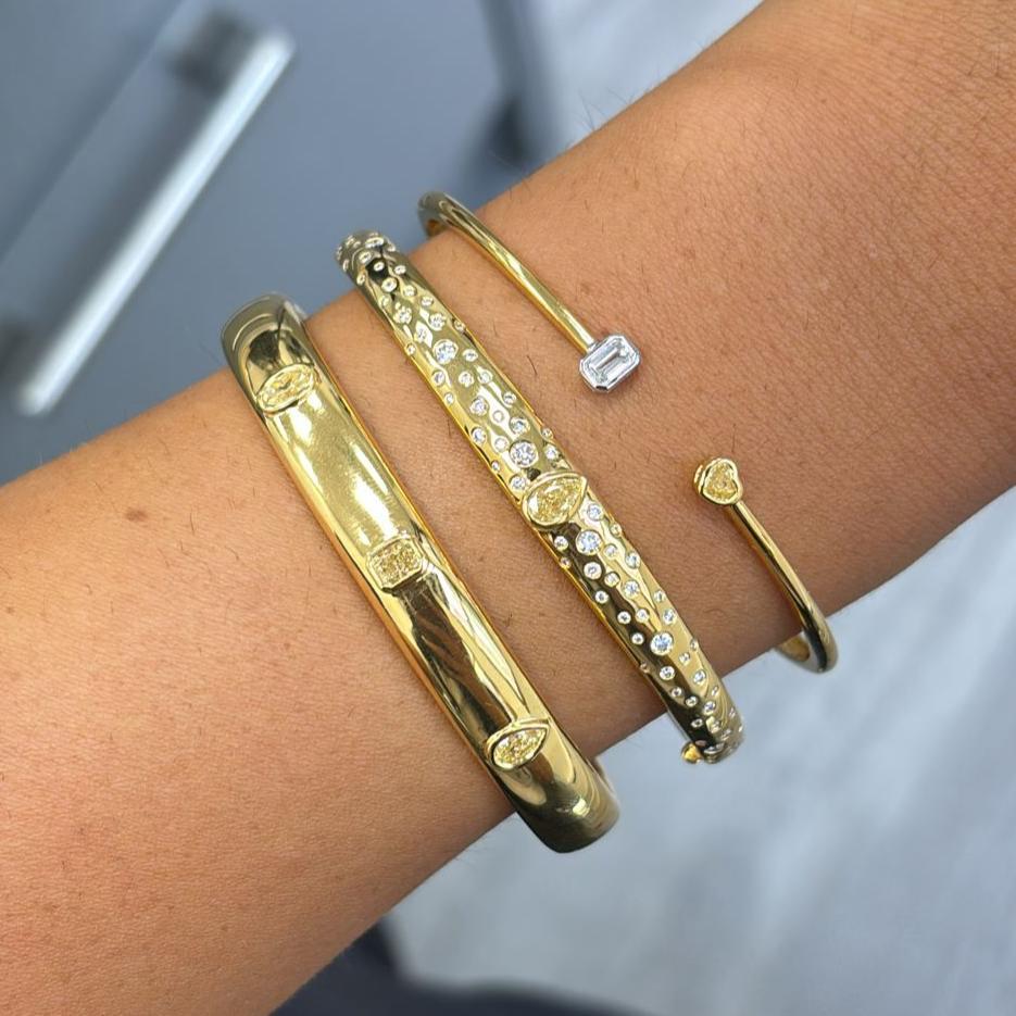 Pear Cut Yellow Diamond Pear Domed Bangle Bracelet with Scattered Pavé