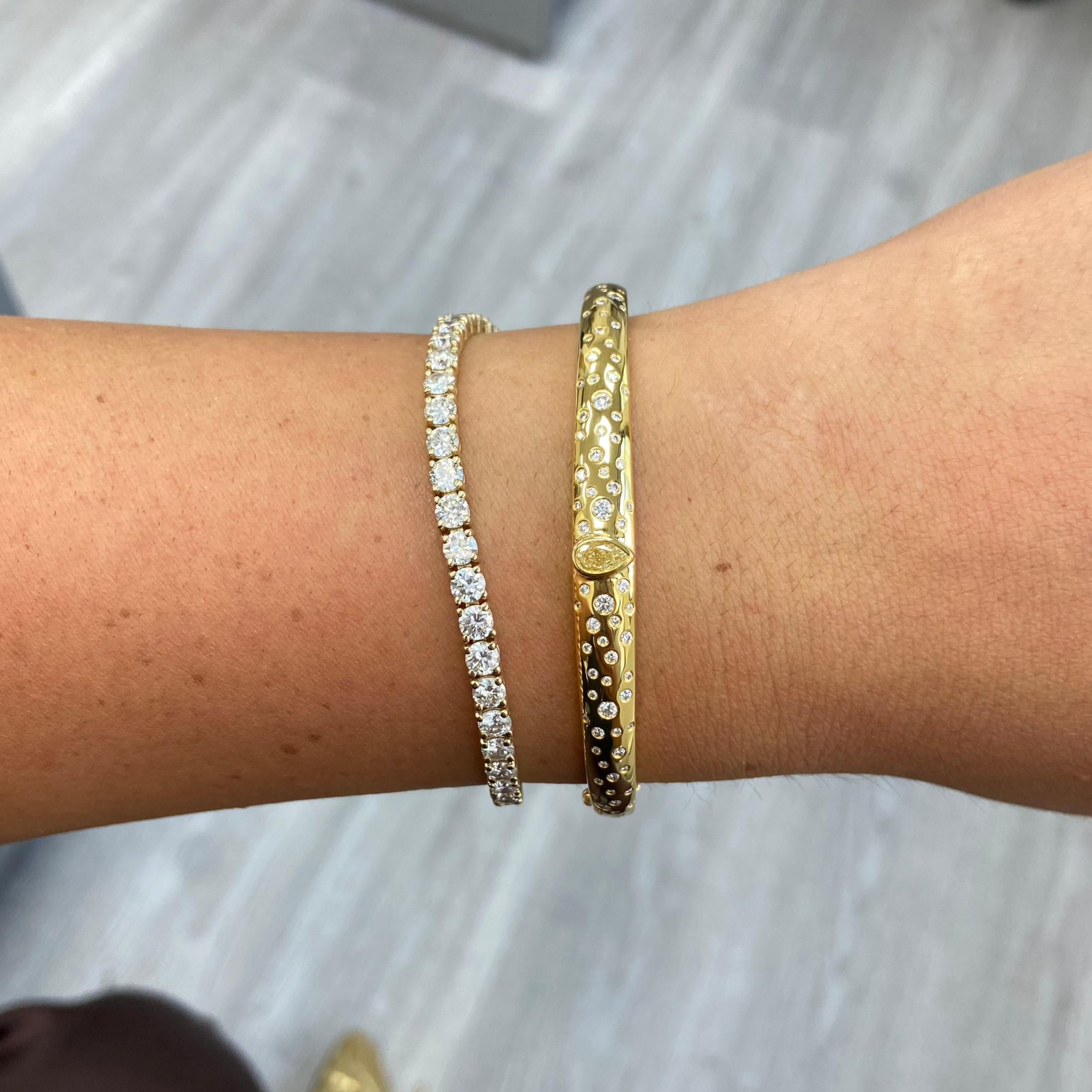 Yellow Diamond Pear Domed Bangle Bracelet with Scattered Pavé In New Condition In New York, NY