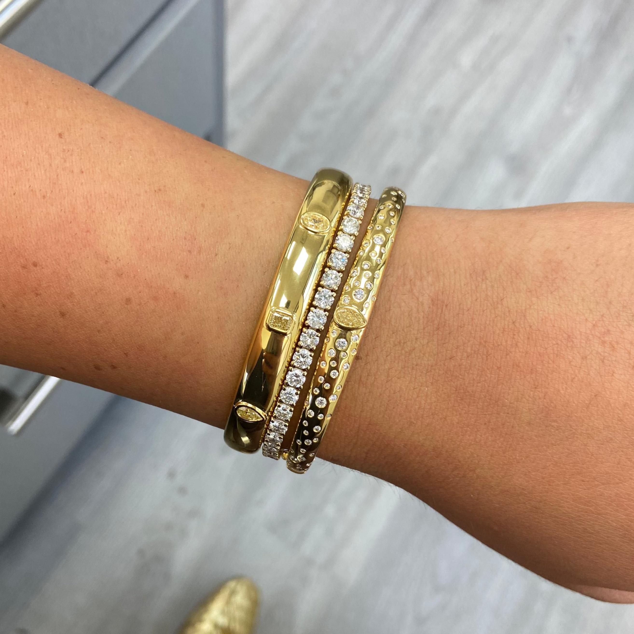 Women's Yellow Diamond Pear Domed Bangle Bracelet with Scattered Pavé