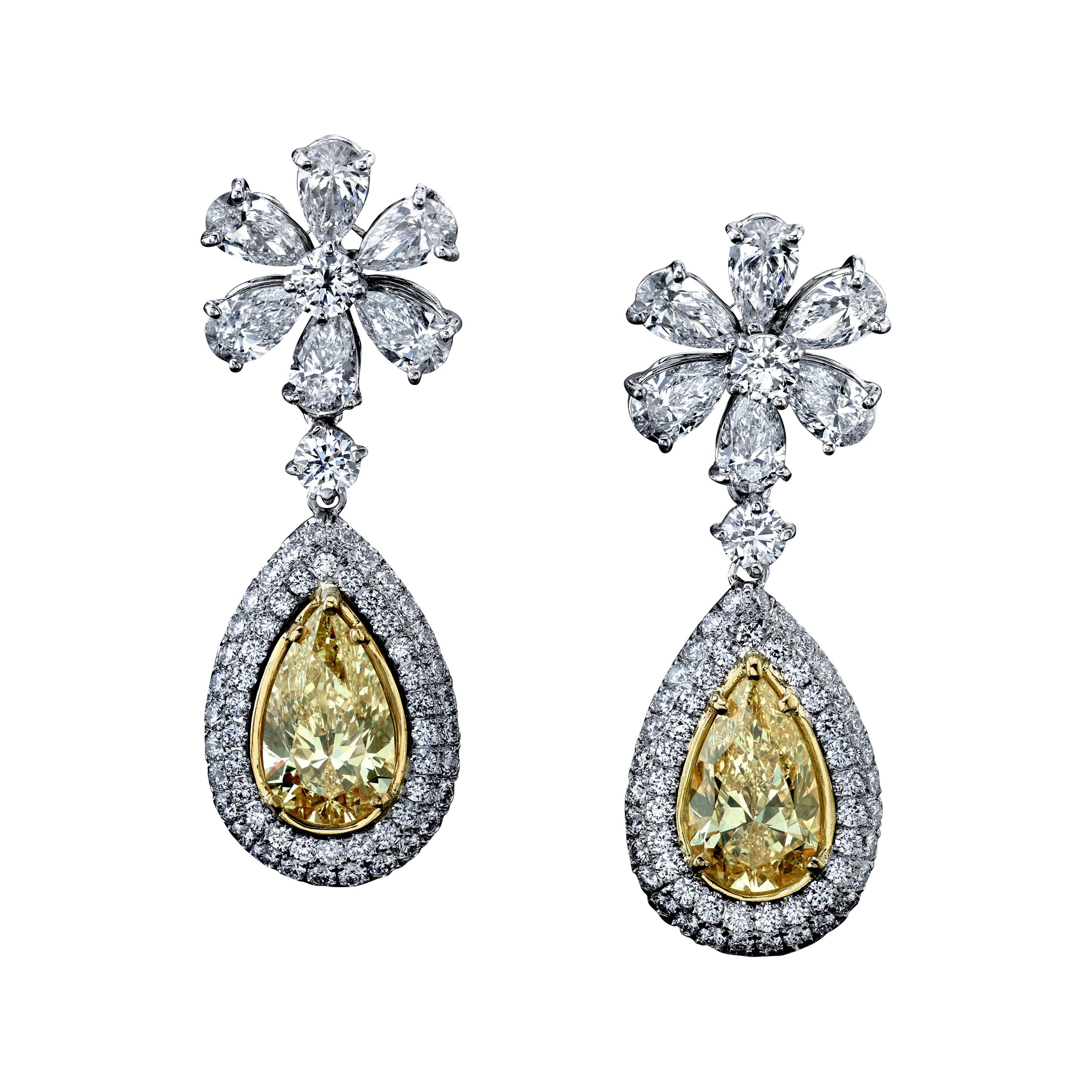 Yellow Diamond Pear Shape and Flower Dangling Earrings Platinum/18KYG GIA 