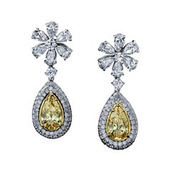 Yellow Diamond Pear Shape and Flower Dangling Earrings Platinum/18KYG GIA