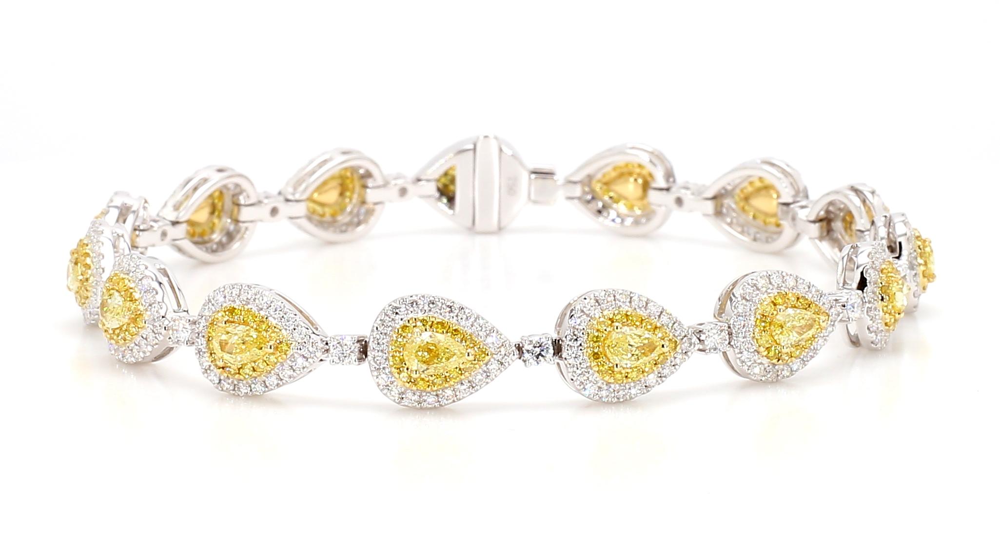 Women's Yellow Diamond Pear Shape Link Bracelet 4.64 Carats Total Weight 18K White Gold