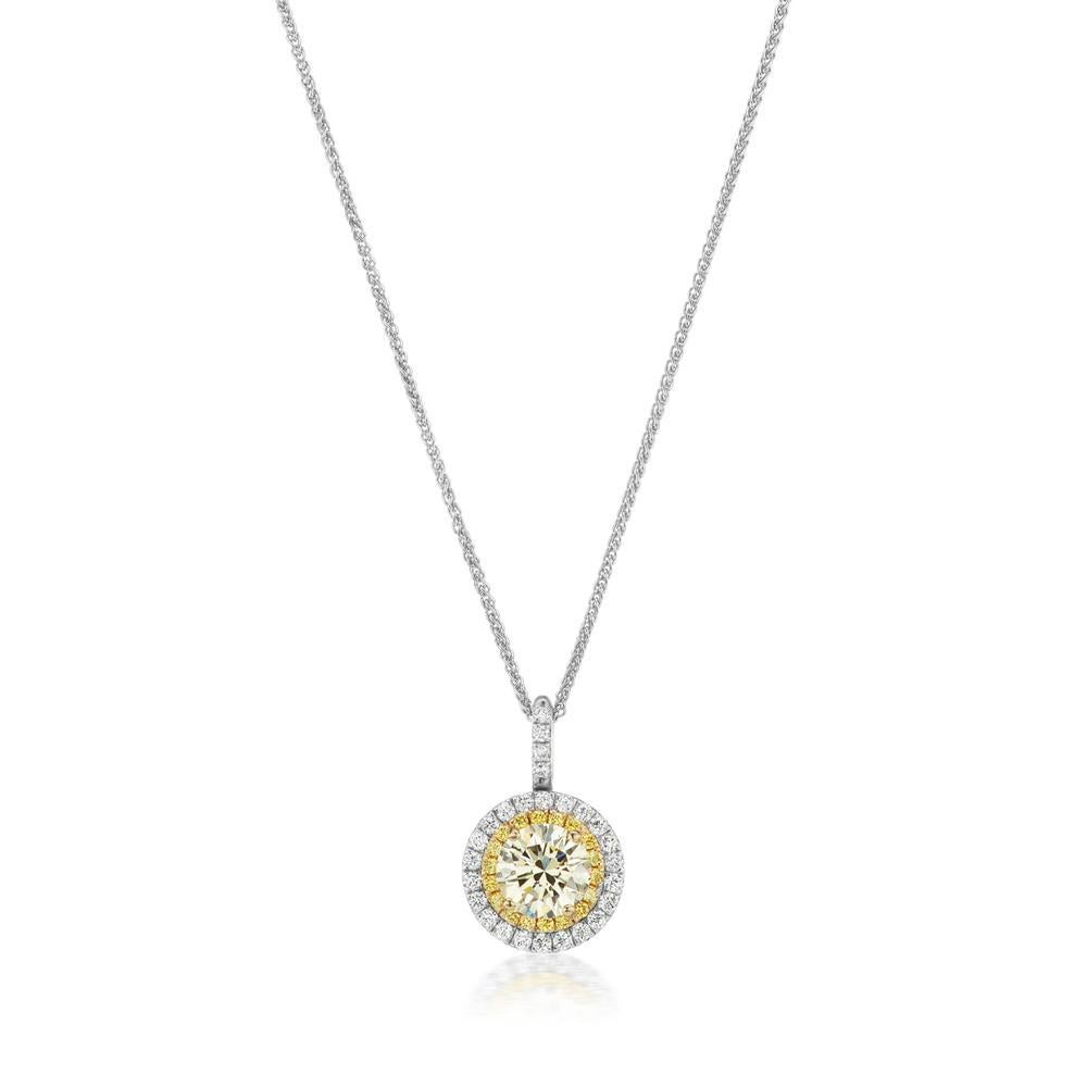 18k White Gold 1.62ct Yellow Diamond Pendant

A dramatic departure from your basic diamond pendant, featuring over 1
carat in the center, surrounded by white and fancy yellow diamonds
Item: # 03611
Metal: 18k W / Y
Diamond Weight: 1.62 ct.