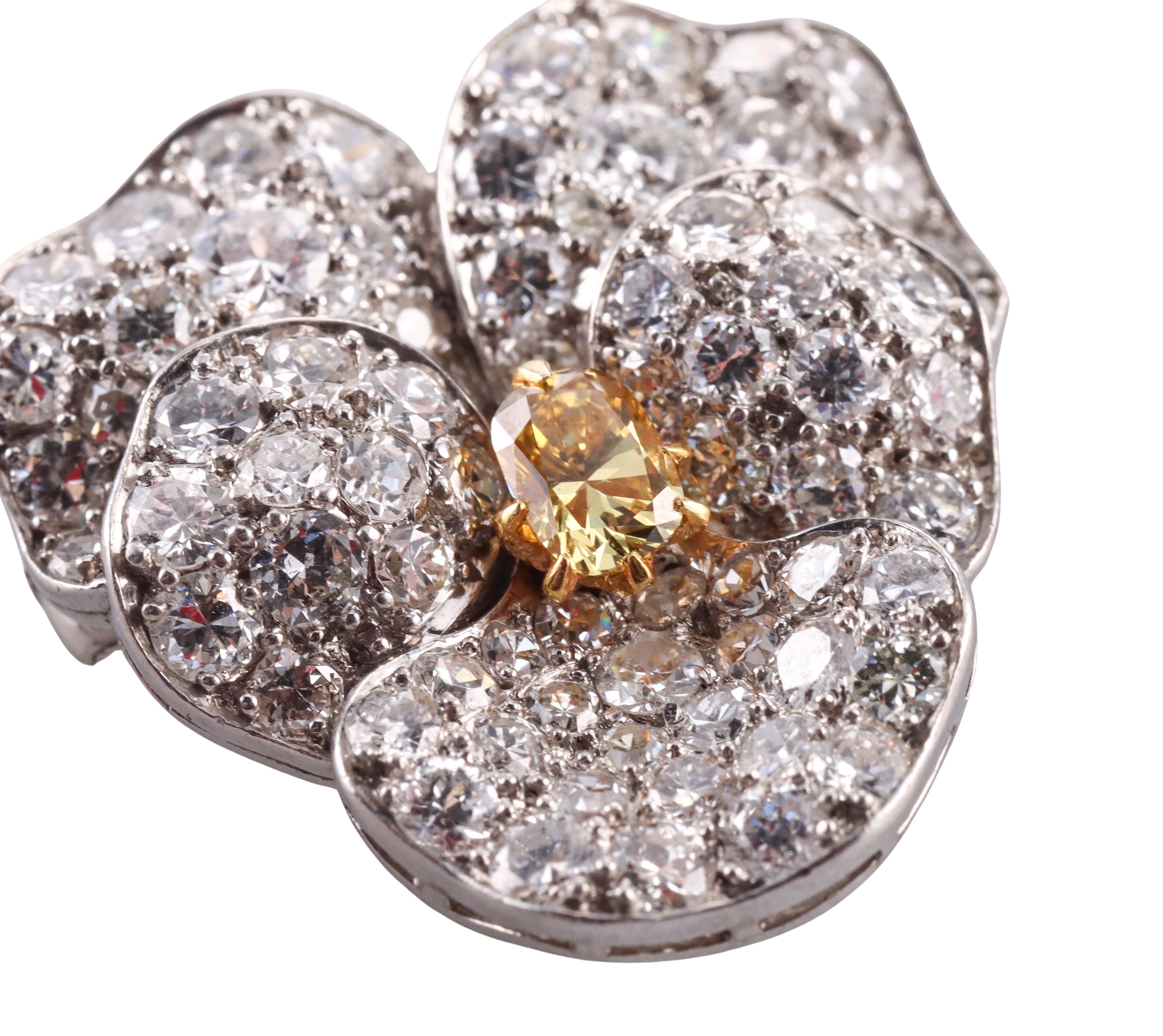 Women's Yellow Diamond Platinum Gold Pansy Flower Brooch  For Sale