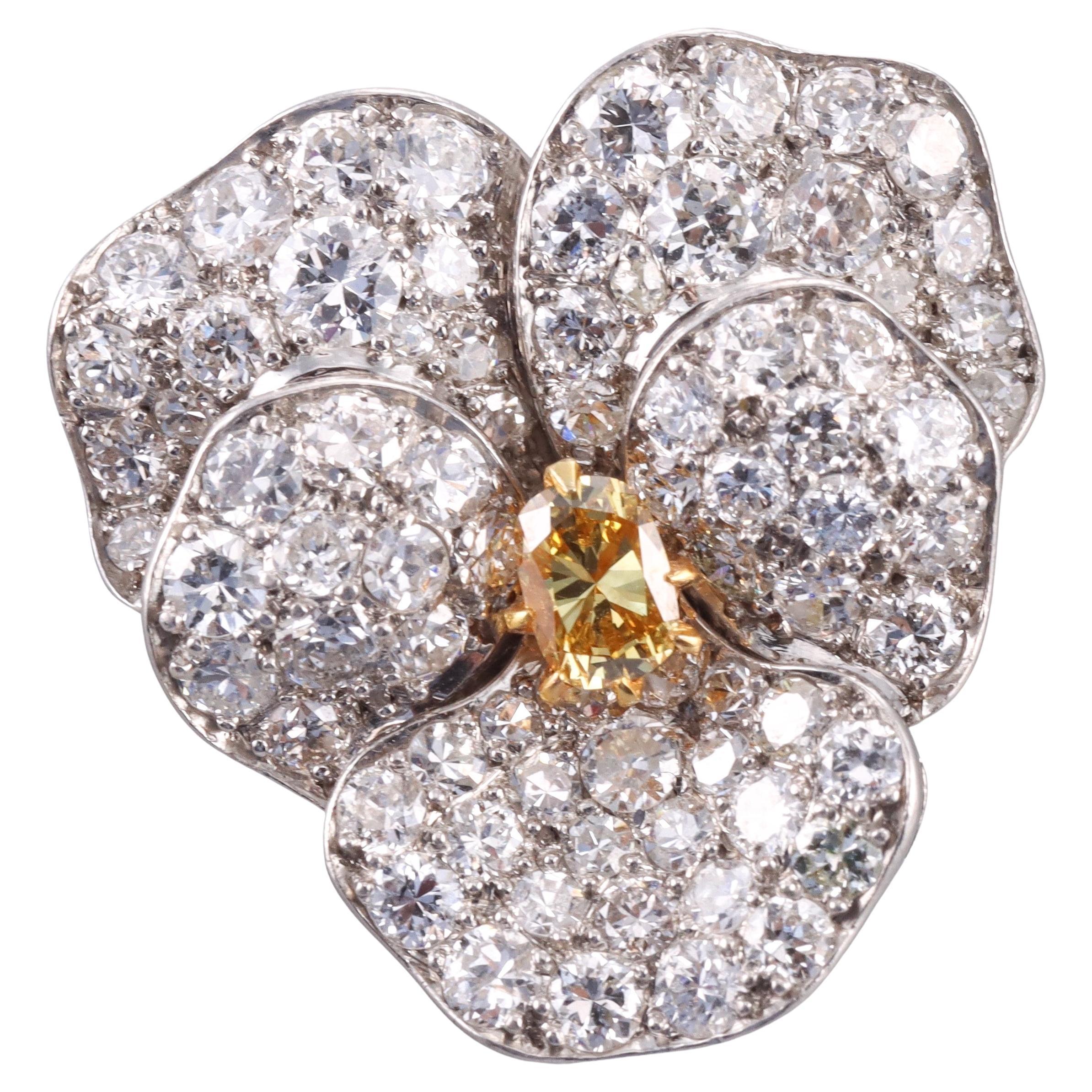 Yellow Diamond Platinum Gold Pansy Flower Brooch  For Sale