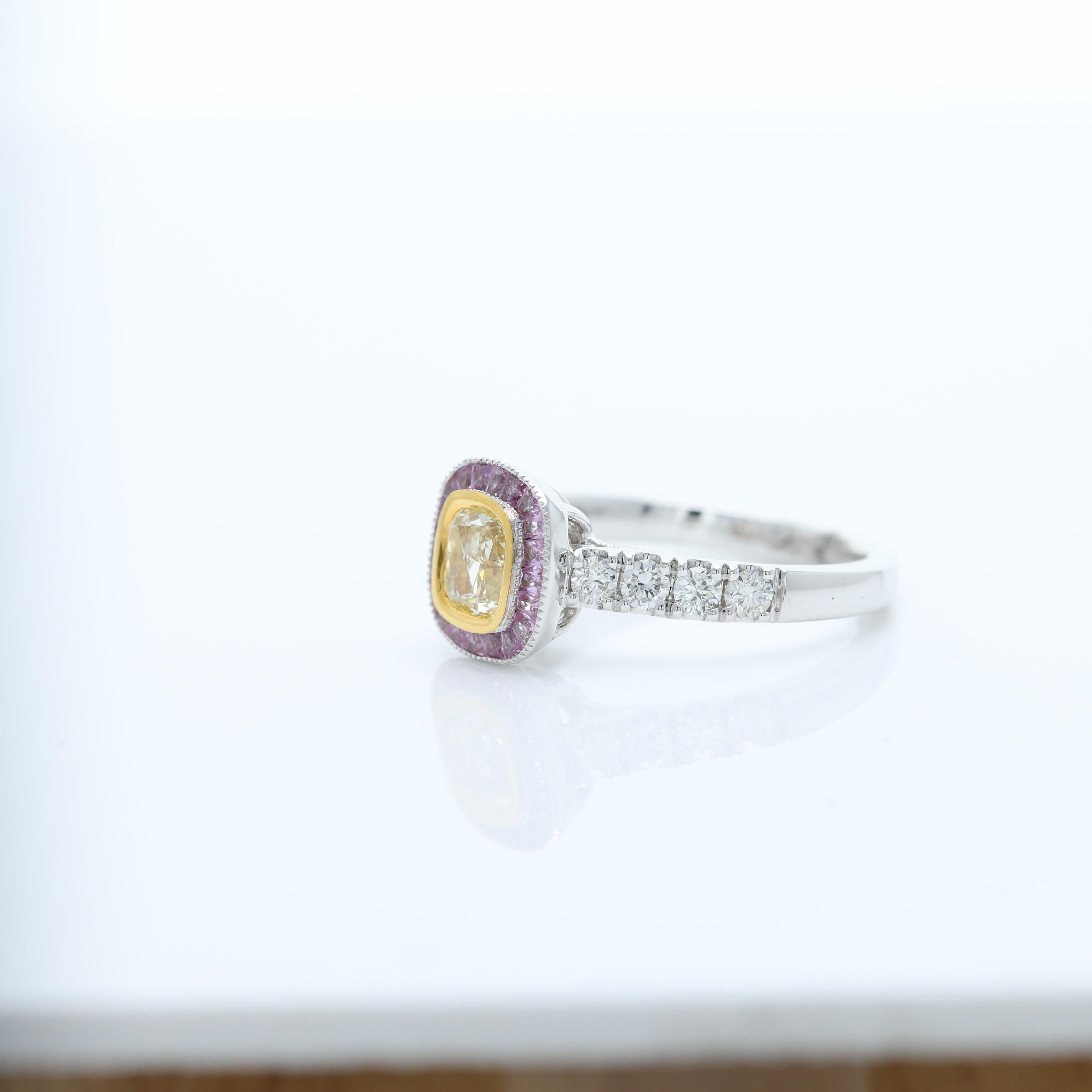 Art Deco Style Colorful Ring
Center is Yellow Diamond surrounded with Purple Sapphire, sides have regular white Diamonds
All stones are Natural
18k Two Tone Gold 
Yellow Diamond size - 0.70 carat (5x6 mm)
Small Diamonds 0.43 carat
Purple Sapphire