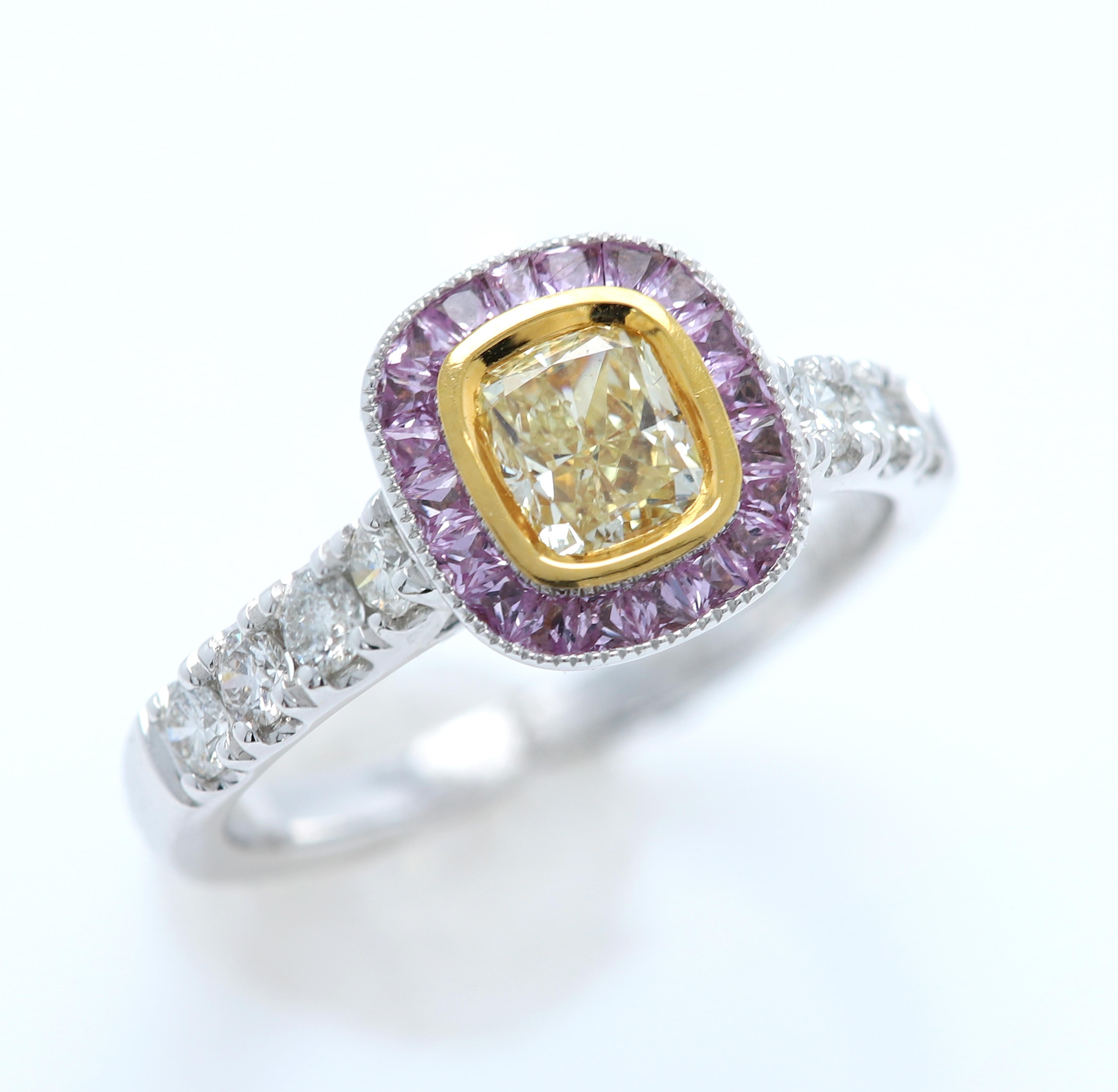 Bague en or bicolore 18 carats et diamants avec diamants jaunes et saphirs violets en vente 3