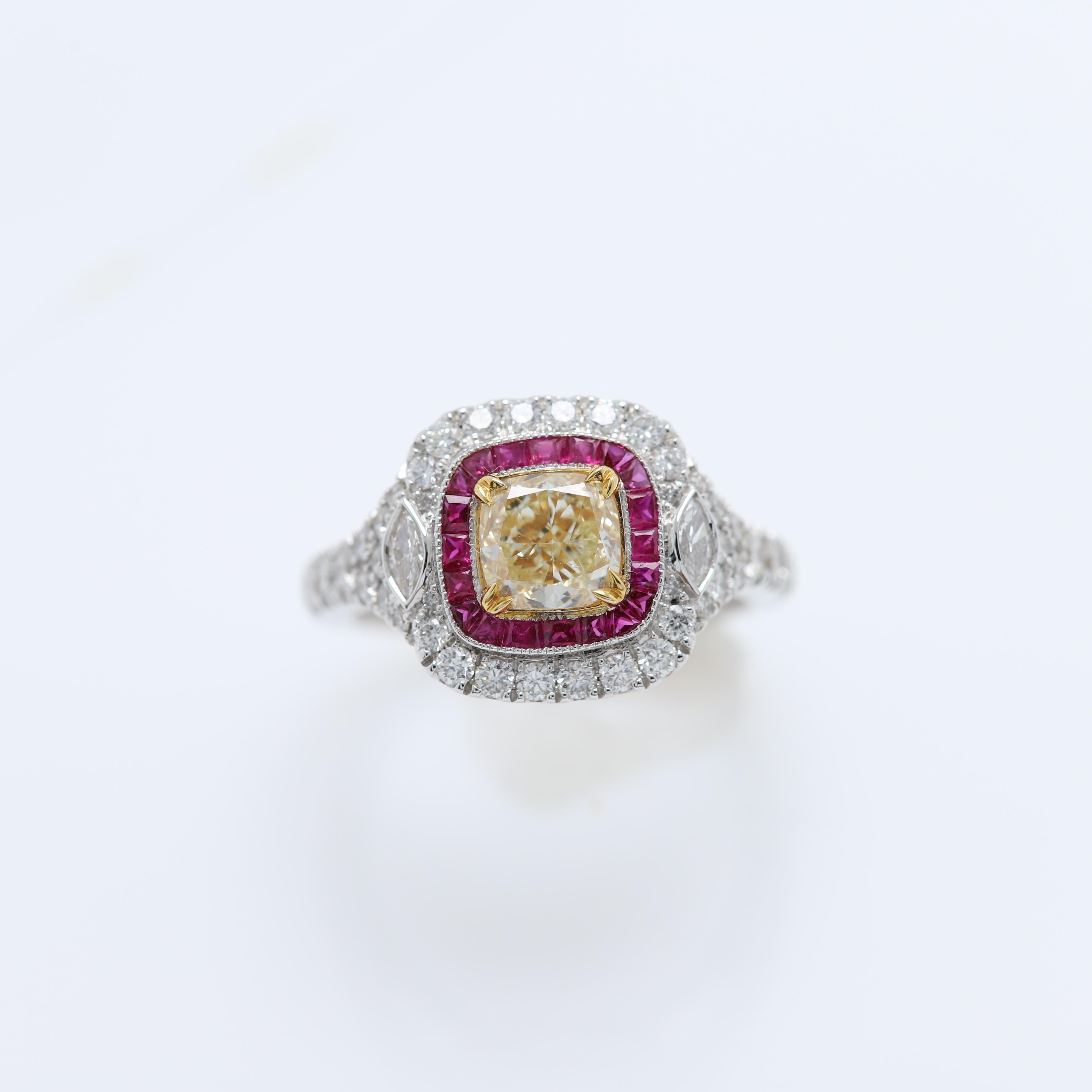 Yellow Diamond & Red Ruby Ring 18 Karat Two Tone Gold and Diamonds For Sale 5