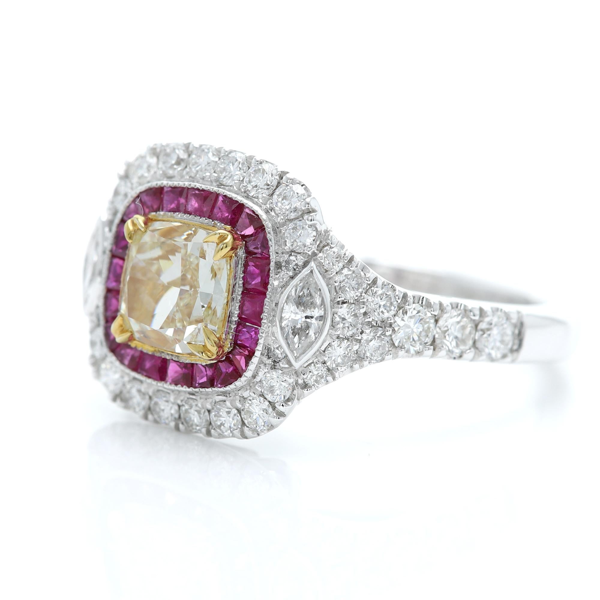 Art Deco Style & Bold Statement Colorful Ring
Center is Yellow Diamond surrounded with Red Ruby, sides have regular white Diamonds
All stones are Natural
18k Two Tone Gold 
Yellow Diamond size - 1.17 carat (6x6 mm) -SI
Small Diamonds 0.93 carat