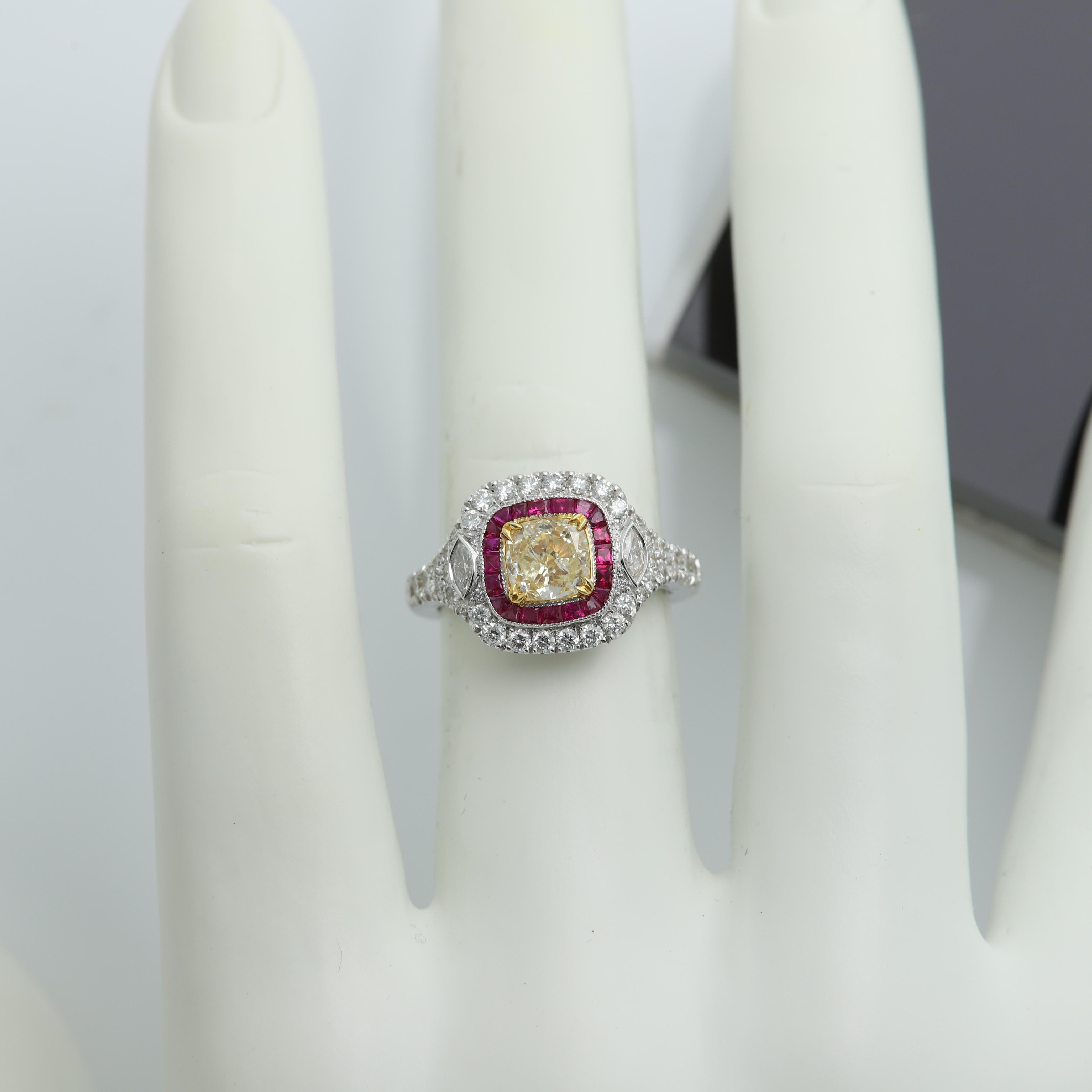 Cushion Cut Yellow Diamond & Red Ruby Ring 18 Karat Two Tone Gold and Diamonds For Sale