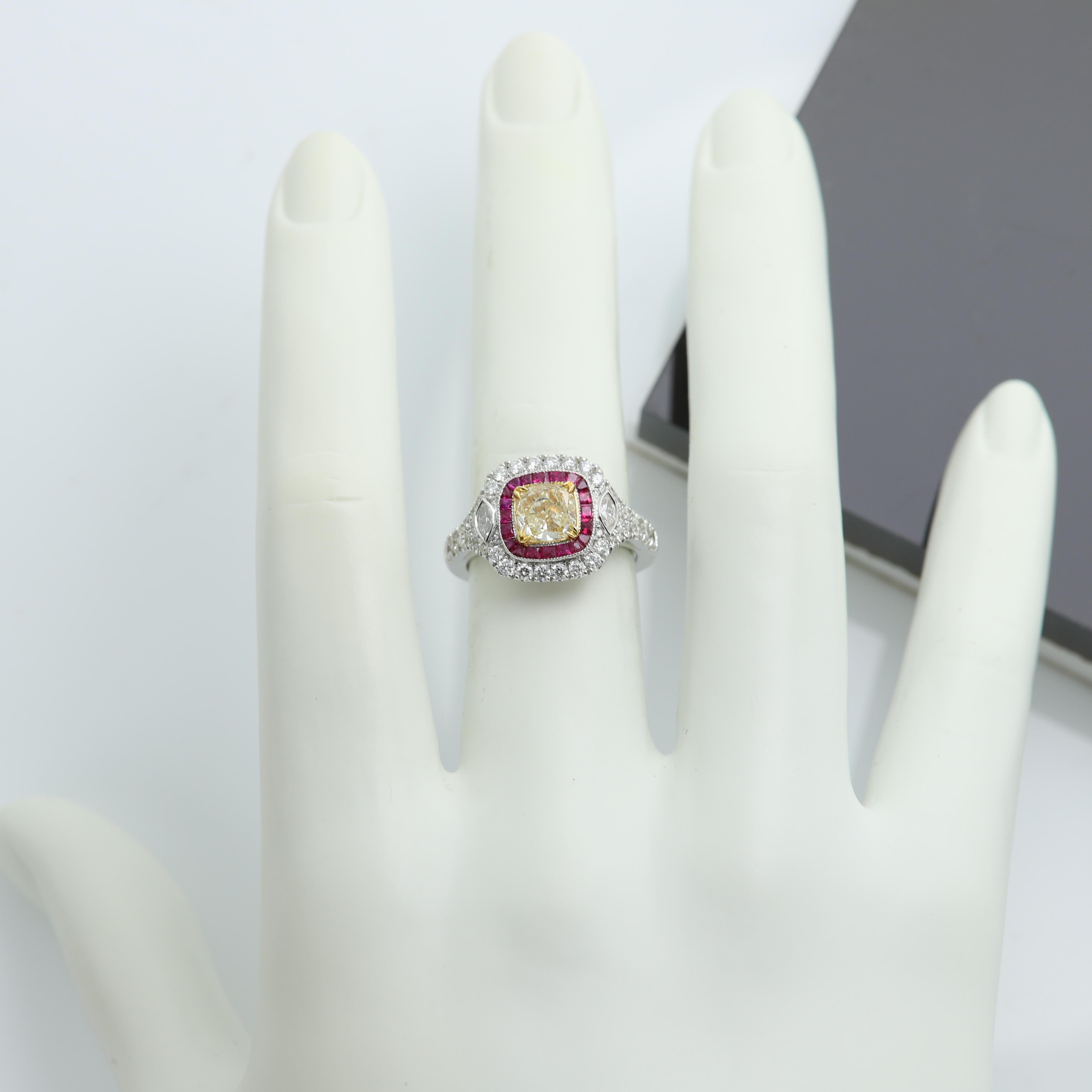 Yellow Diamond & Red Ruby Ring 18 Karat Two Tone Gold and Diamonds In New Condition For Sale In Brooklyn, NY