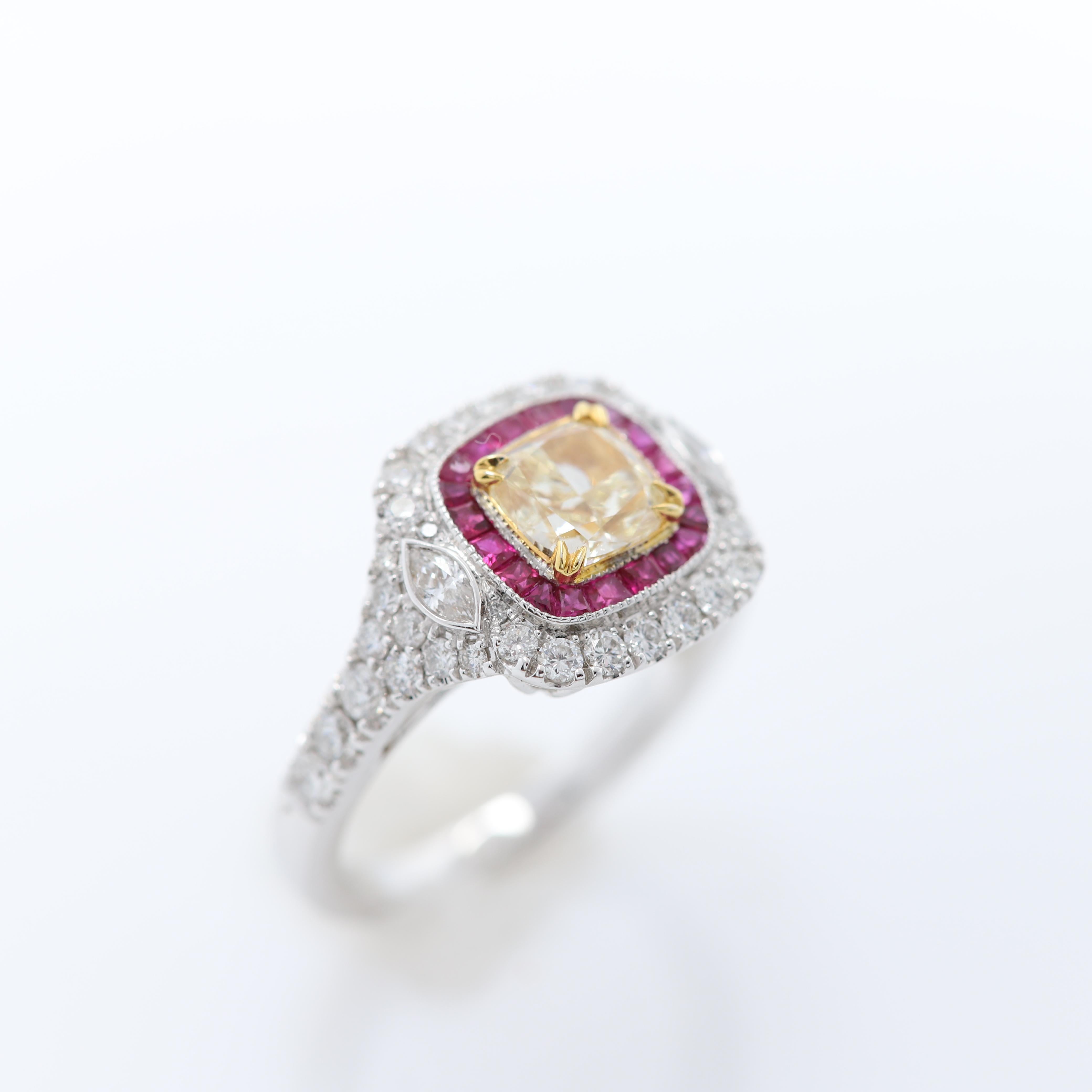 Yellow Diamond & Red Ruby Ring 18 Karat Two Tone Gold and Diamonds For Sale 3