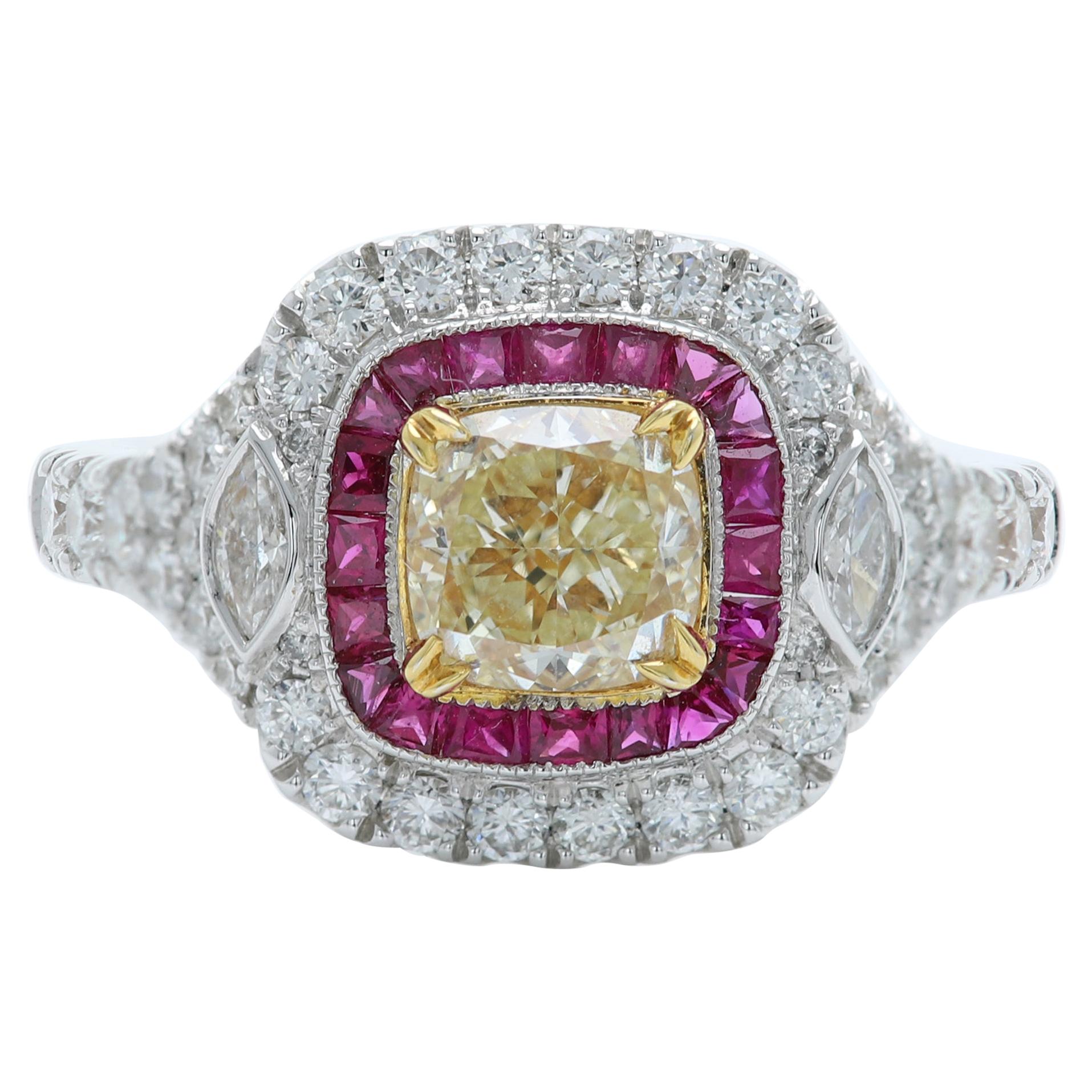 Yellow Diamond & Red Ruby Ring 18 Karat Two Tone Gold and Diamonds For Sale