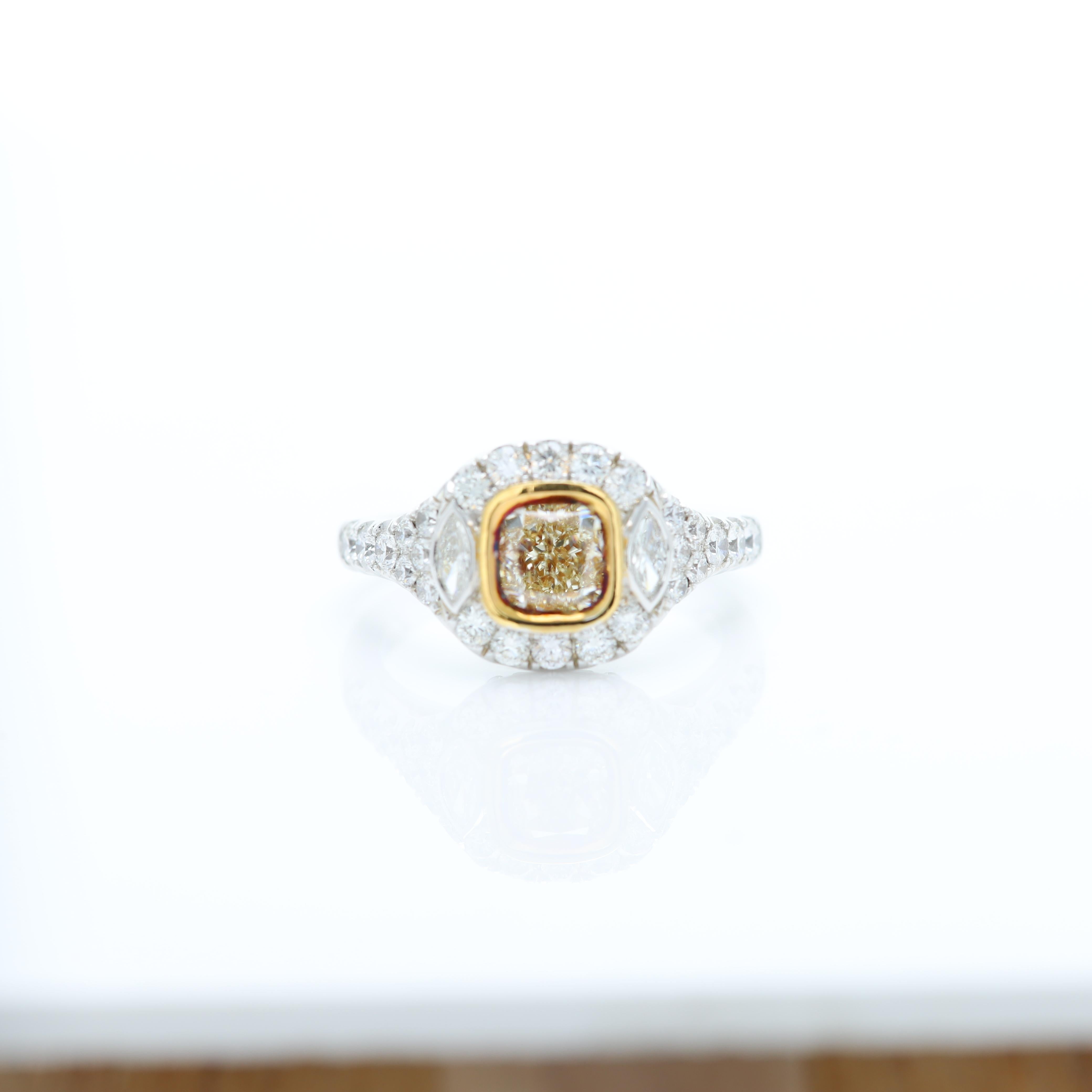 Art Deco Yellow Diamond Ring 18 Karat Two Tone Gold 1.04 Carat Center Diamond For Sale