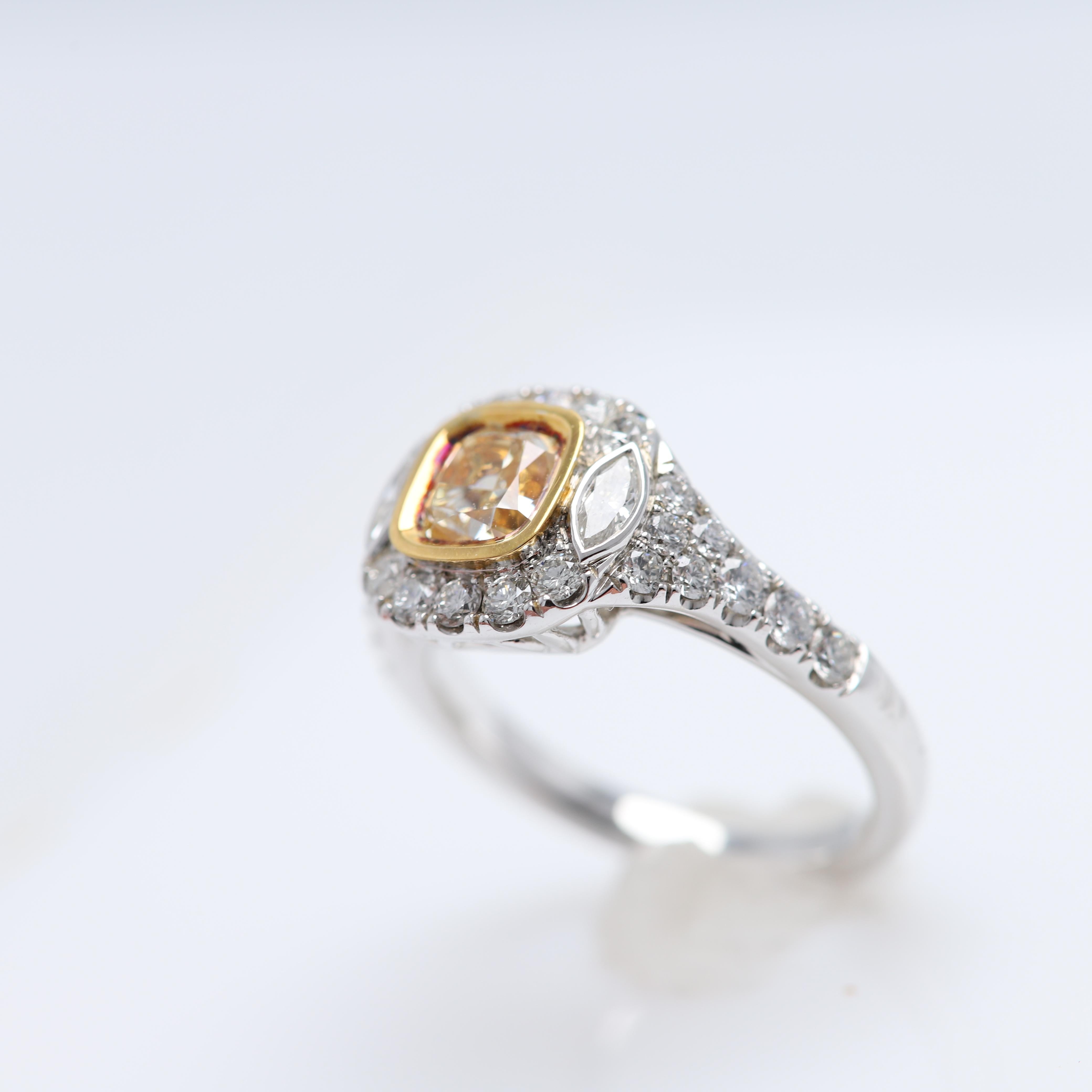 Women's Yellow Diamond Ring 18 Karat Two Tone Gold 1.04 Carat Center Diamond For Sale