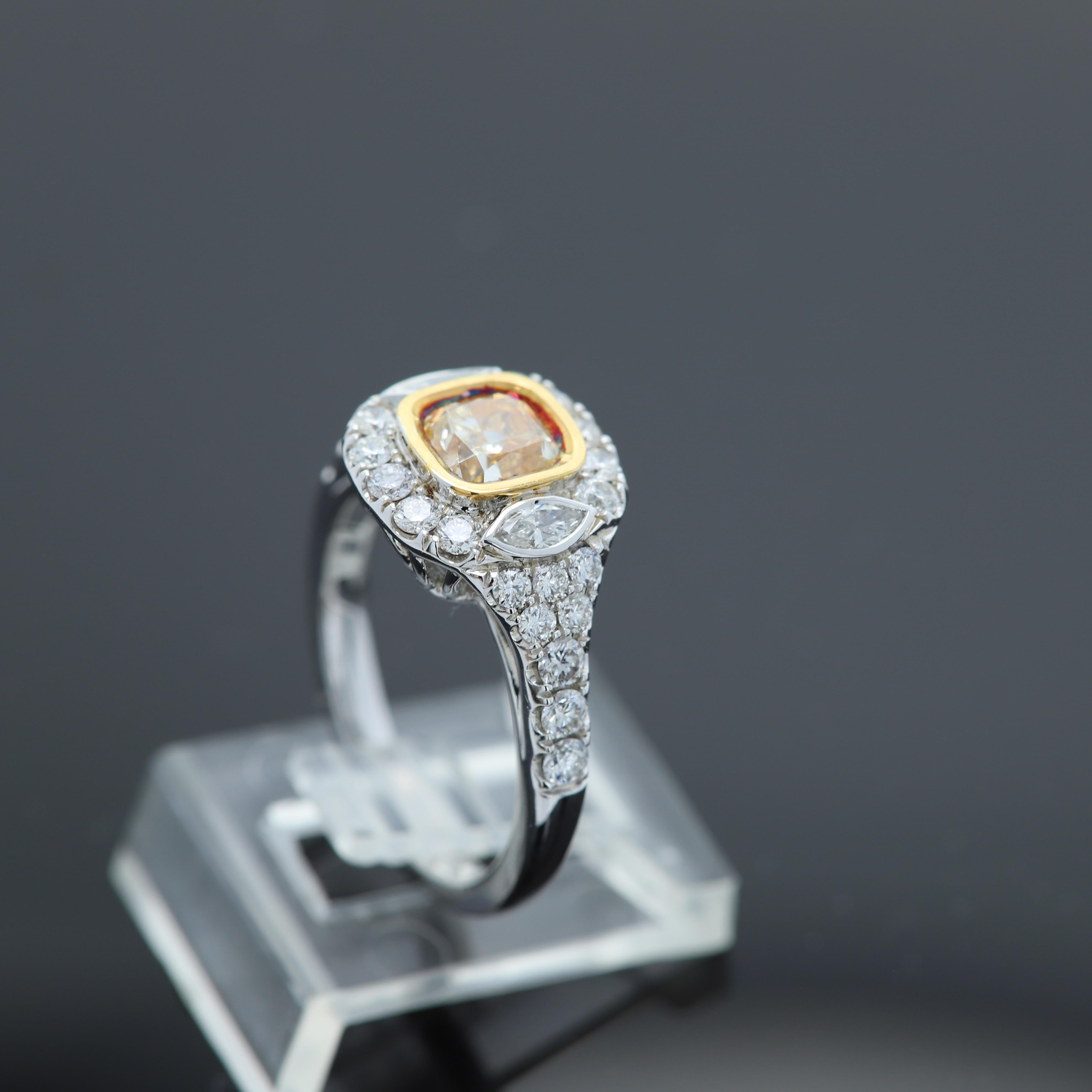 Yellow Diamond Ring 18 Karat Two Tone Gold 1.04 Carat Center Diamond For Sale 2